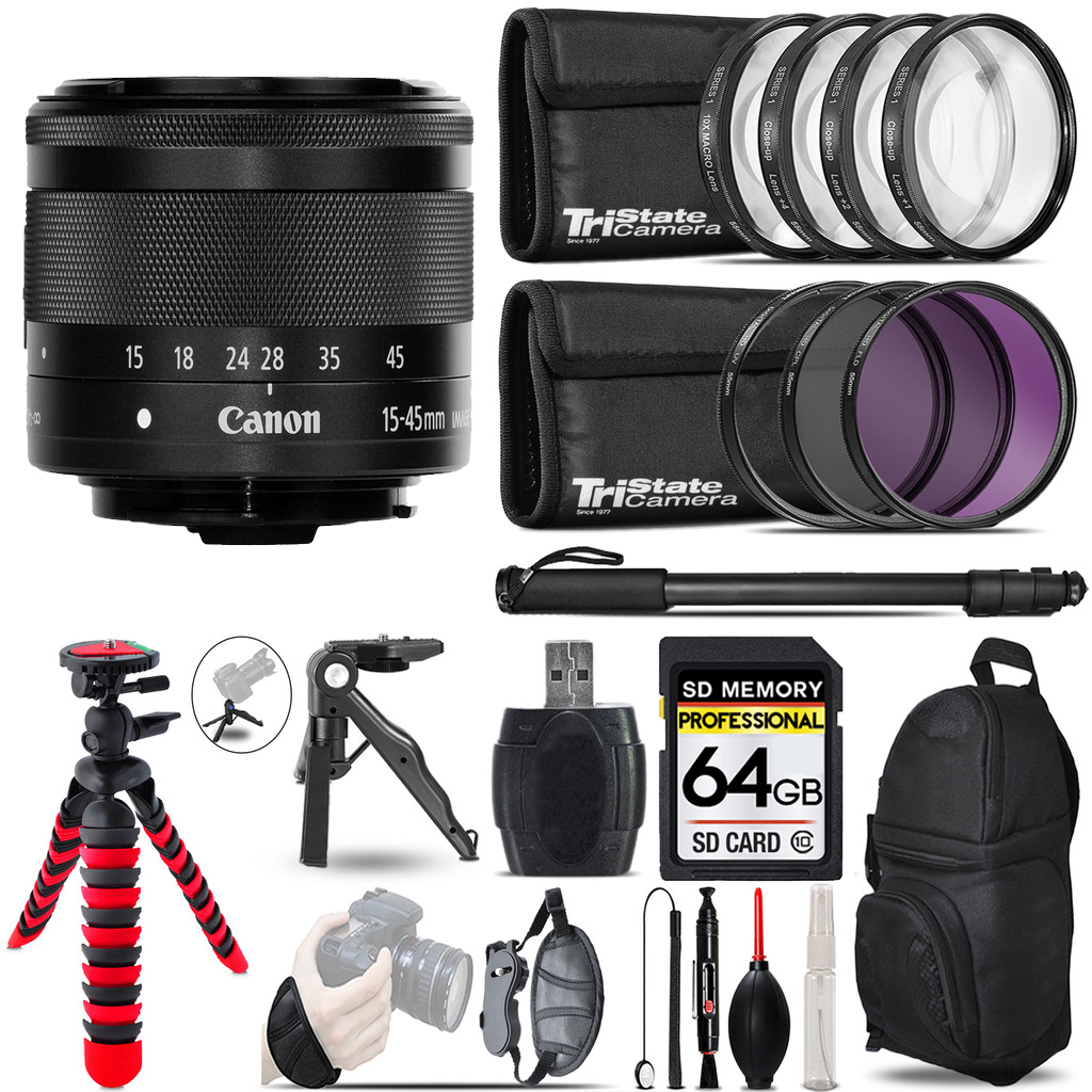 EF-M 15-45mm f/3.5-6.3 IS STM Lens Graphite+MACRO,3 Piece Filter+64GB Kit *FREE SHIPPING*