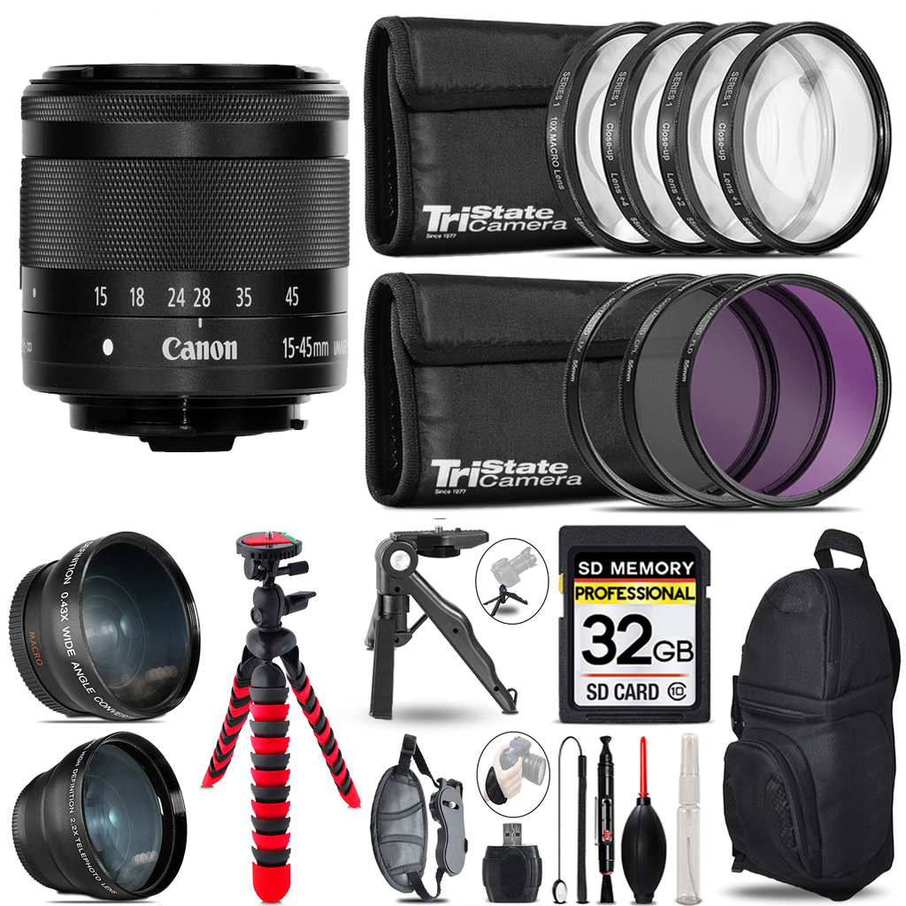 EF-M 15-45mm f/3.5-6.3 IS STM Lens Graphite- 3 Lenses+Tripod+Backpack-32GB *FREE SHIPPING*