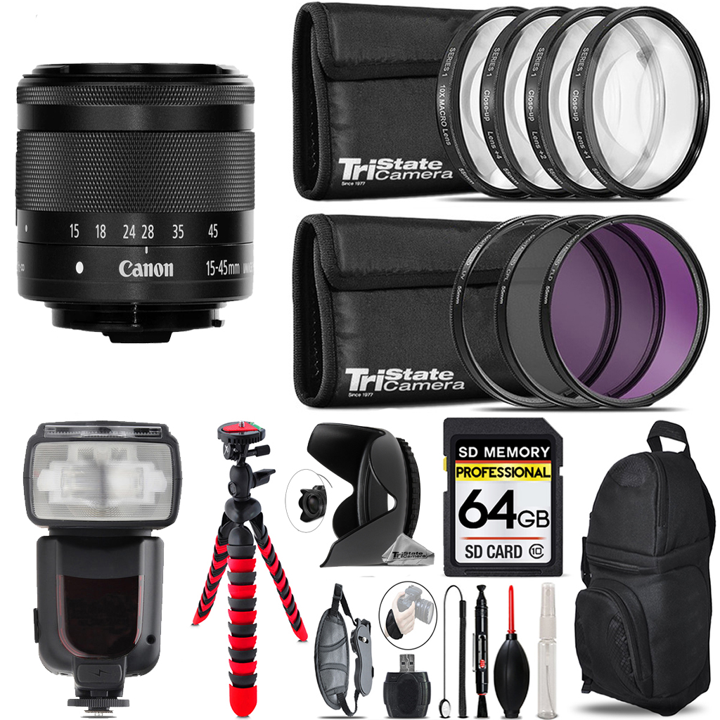 EF-M 15-45mm f/3.5-6.3 IS STM Lens (Graphite)+7 Piece Filter -64GB Kit *FREE SHIPPING*
