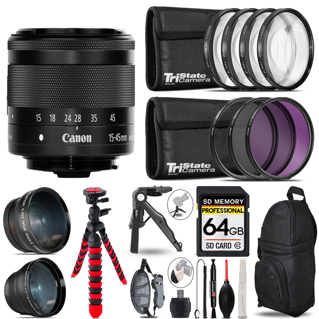 EF-M 15-45mm f/3.5-6.3 IS STM Lens (Graphite)-3 Lens+ Tripod+Backpack-64GB *FREE SHIPPING*
