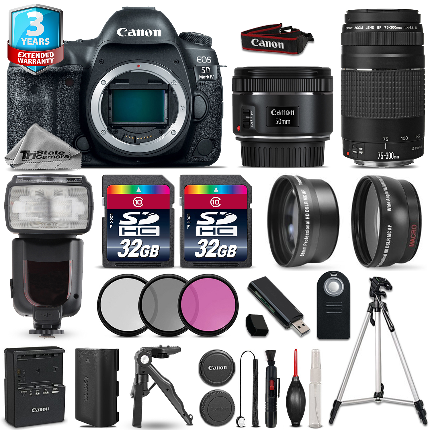 EOS 5D Mark IV Camera + 50mm 1.8 + 75-300mm + 64GB + Flash + 2yr Warranty *FREE SHIPPING*