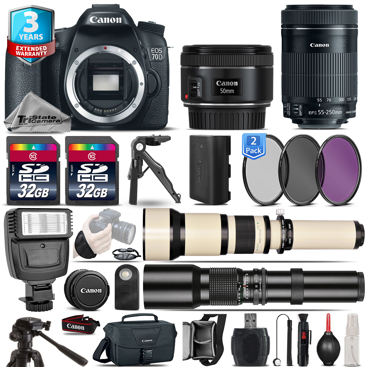 EOS 70D DSLR Camera + 50mm 1.8 + 55-250mm IS STM + 3yr Warranty -64GB Kit *FREE SHIPPING*