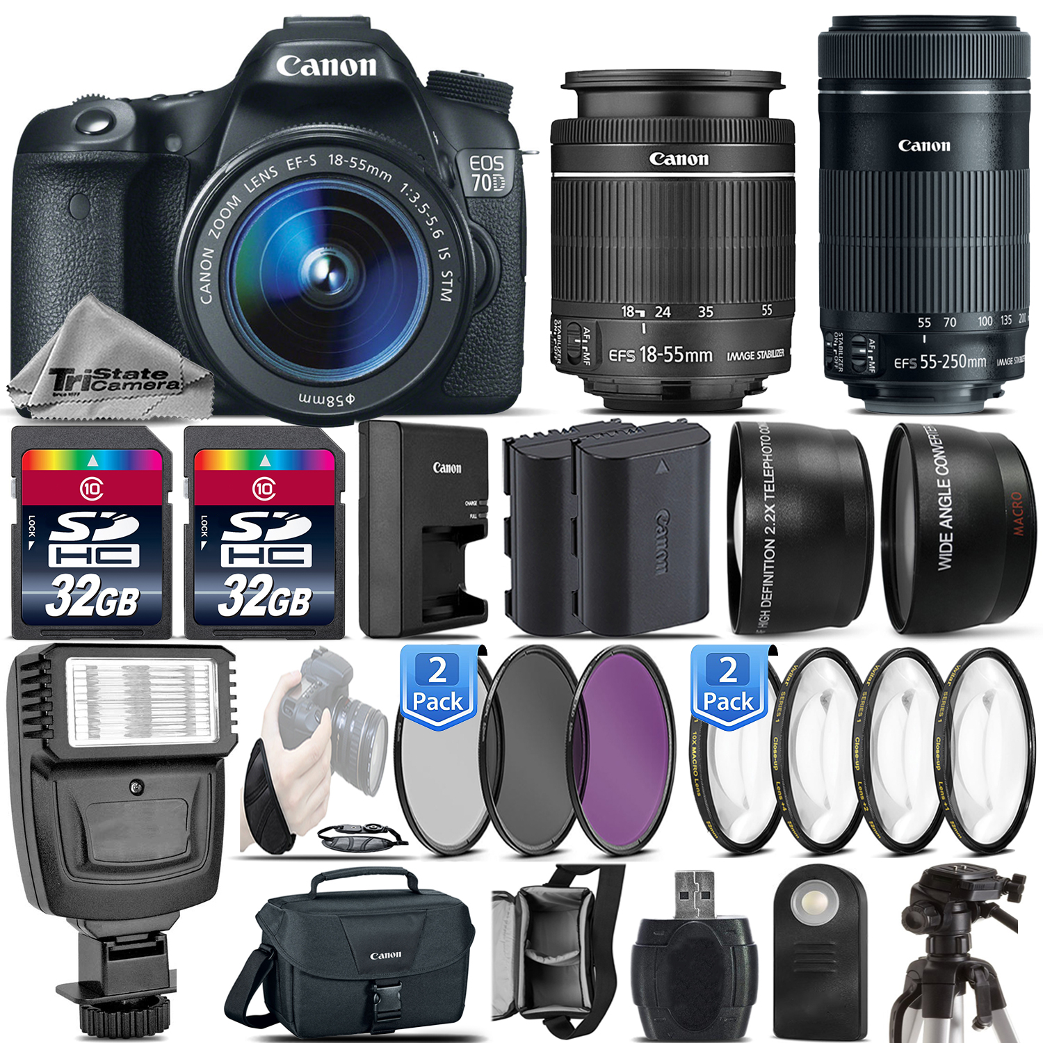 EOS 70D DSLR Camera + 18-55mm STM + 55-250mm STM + 64GB Bundle -Loaded Kit *FREE SHIPPING*