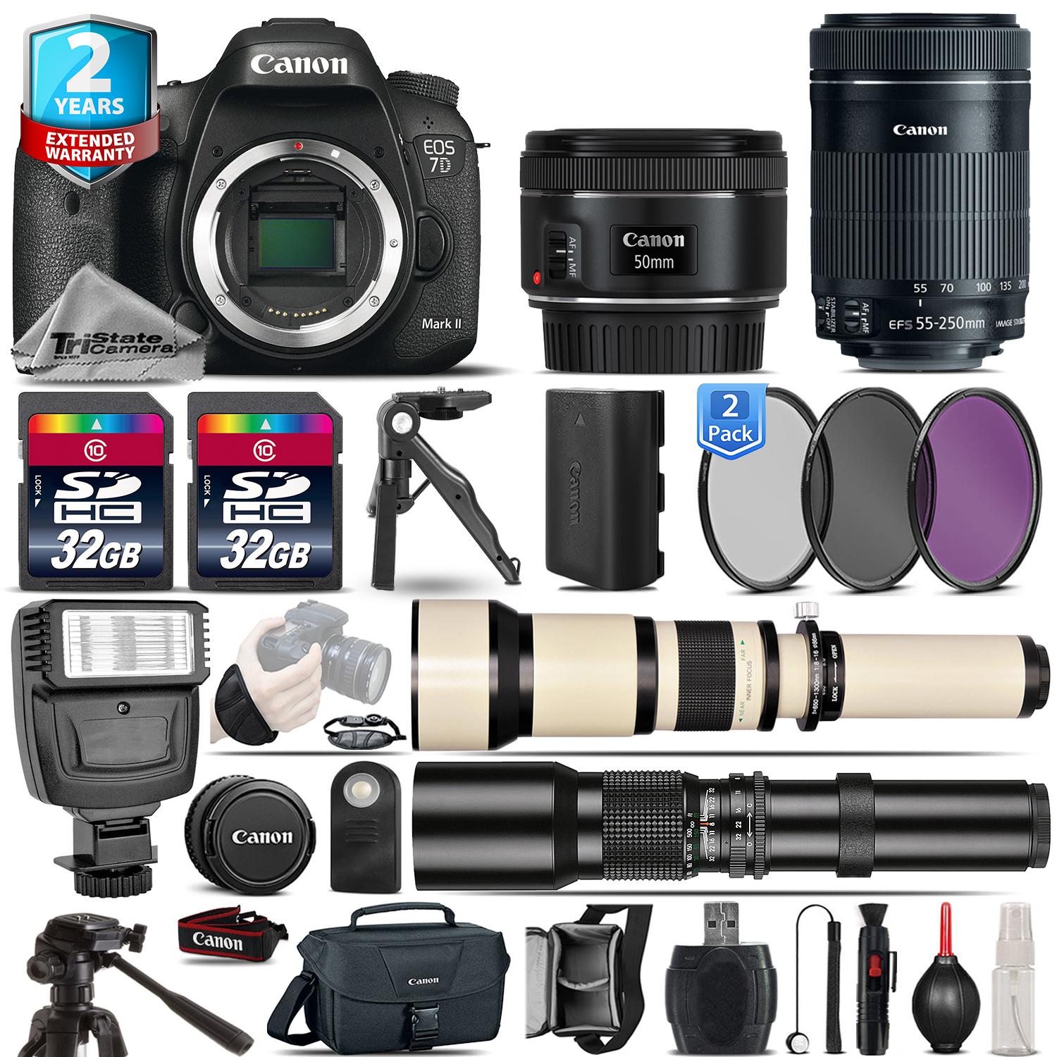 EOS 7D Mark II Camera + 50mm 1.8 + 55-250mm IS STM +2yr Warranty -64GB Kit *FREE SHIPPING*
