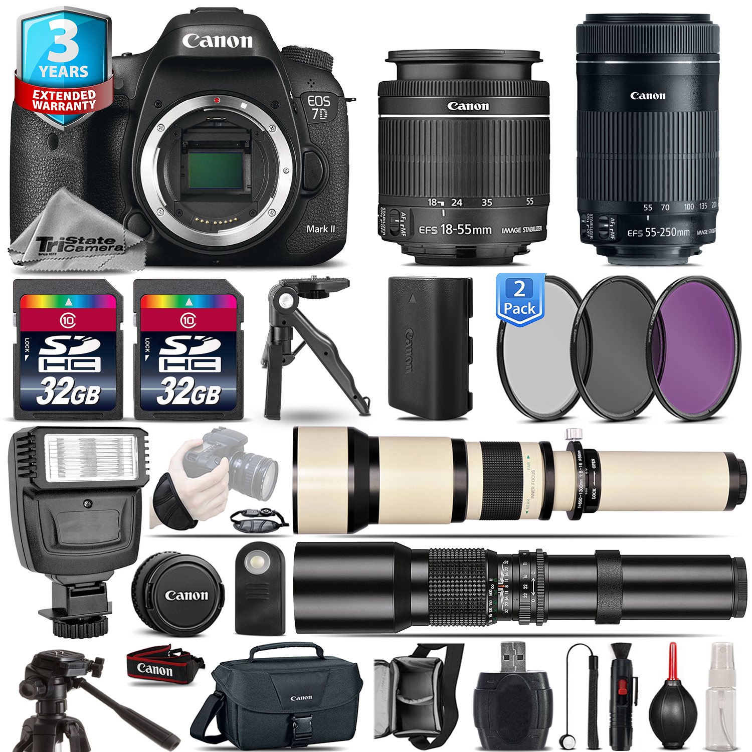 EOS 7D Mark II DSLR Camera + 18-55mm + 55-200mm + 3yr Warranty -64GB Kit *FREE SHIPPING*