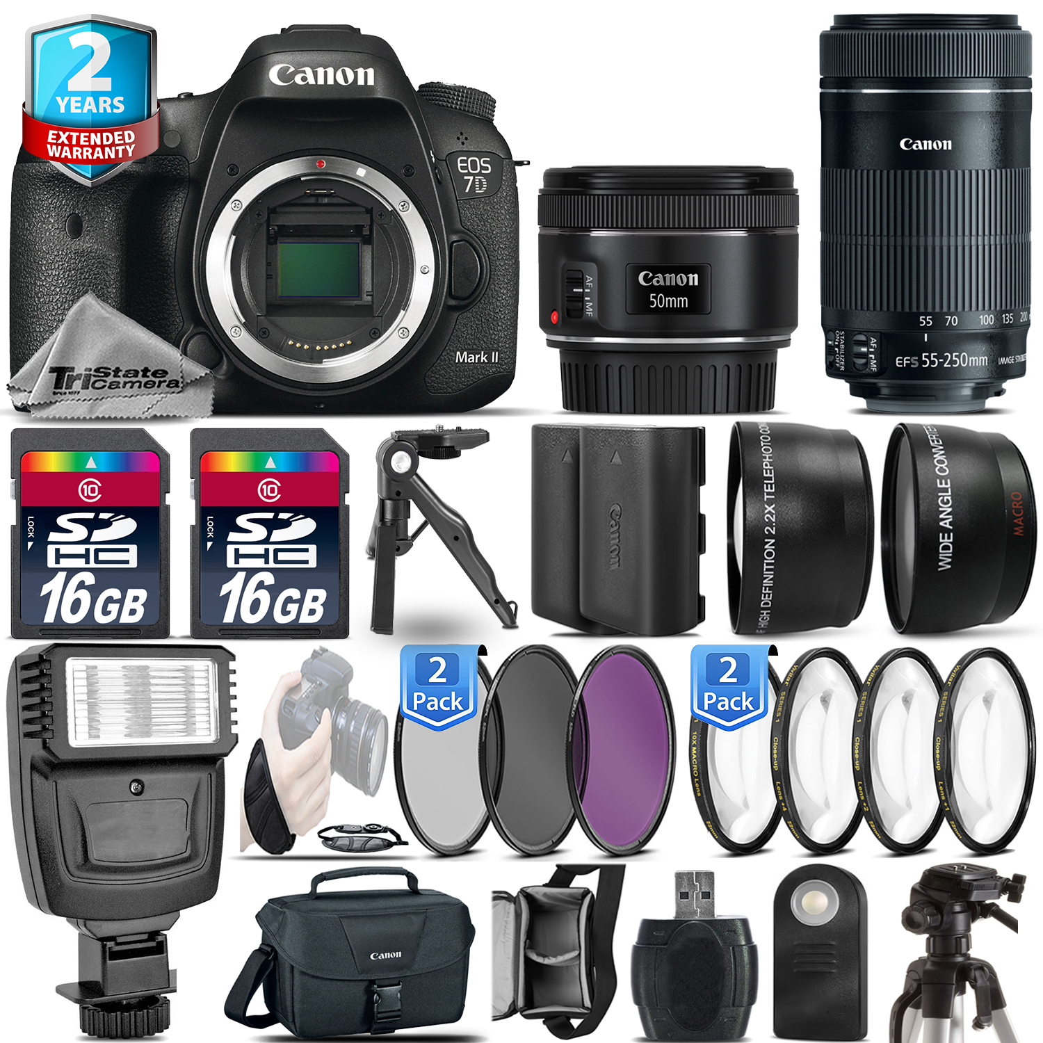 EOS 7D Mark II Camera + 50mm+ 55-250mm + EXT BAT - 32GB Kit  +2yr Warranty *FREE SHIPPING*