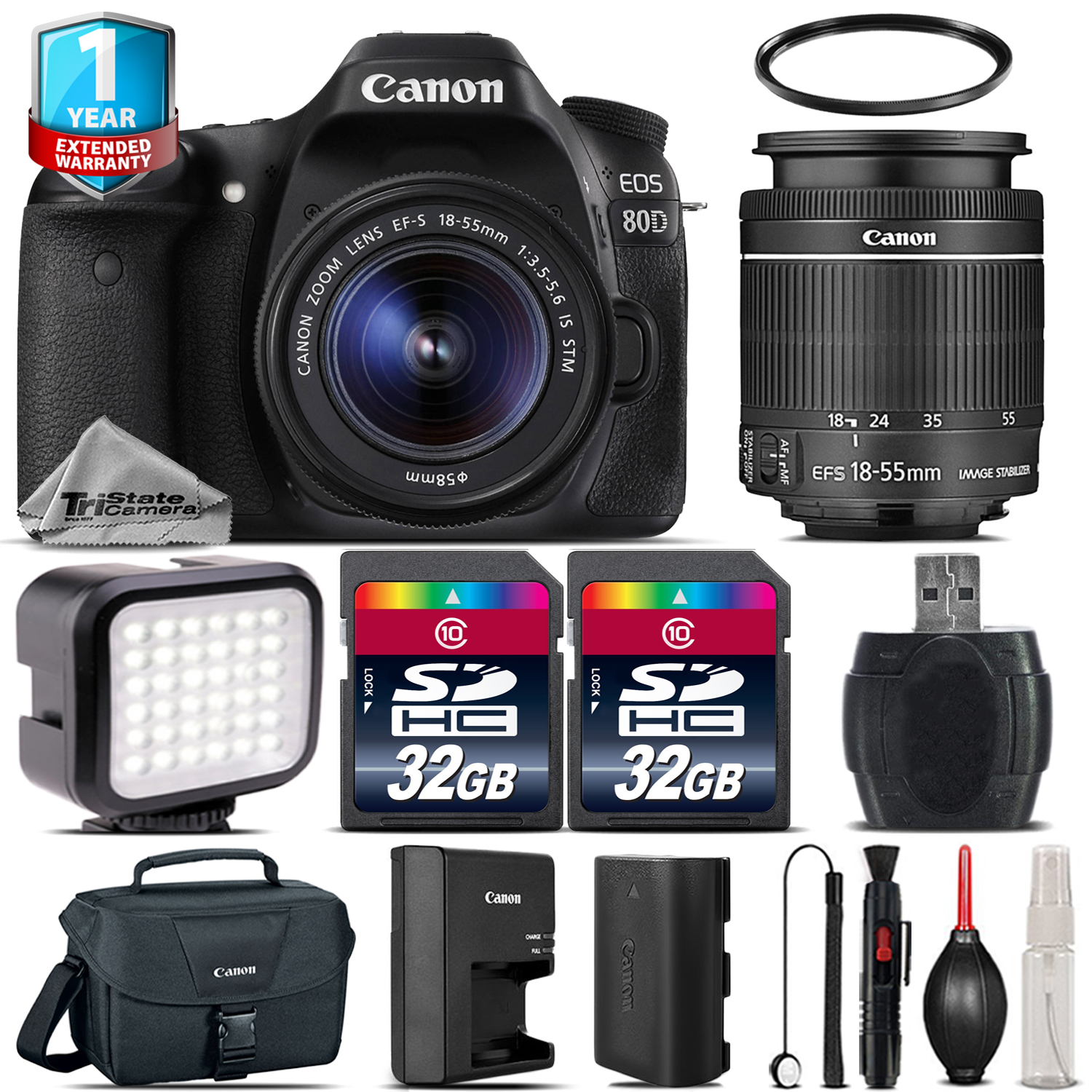 EOS 80D DSLR Camera + 18-55mm IS STM + LED + 64GB + 1yr Warranty -64GB Kit *FREE SHIPPING*