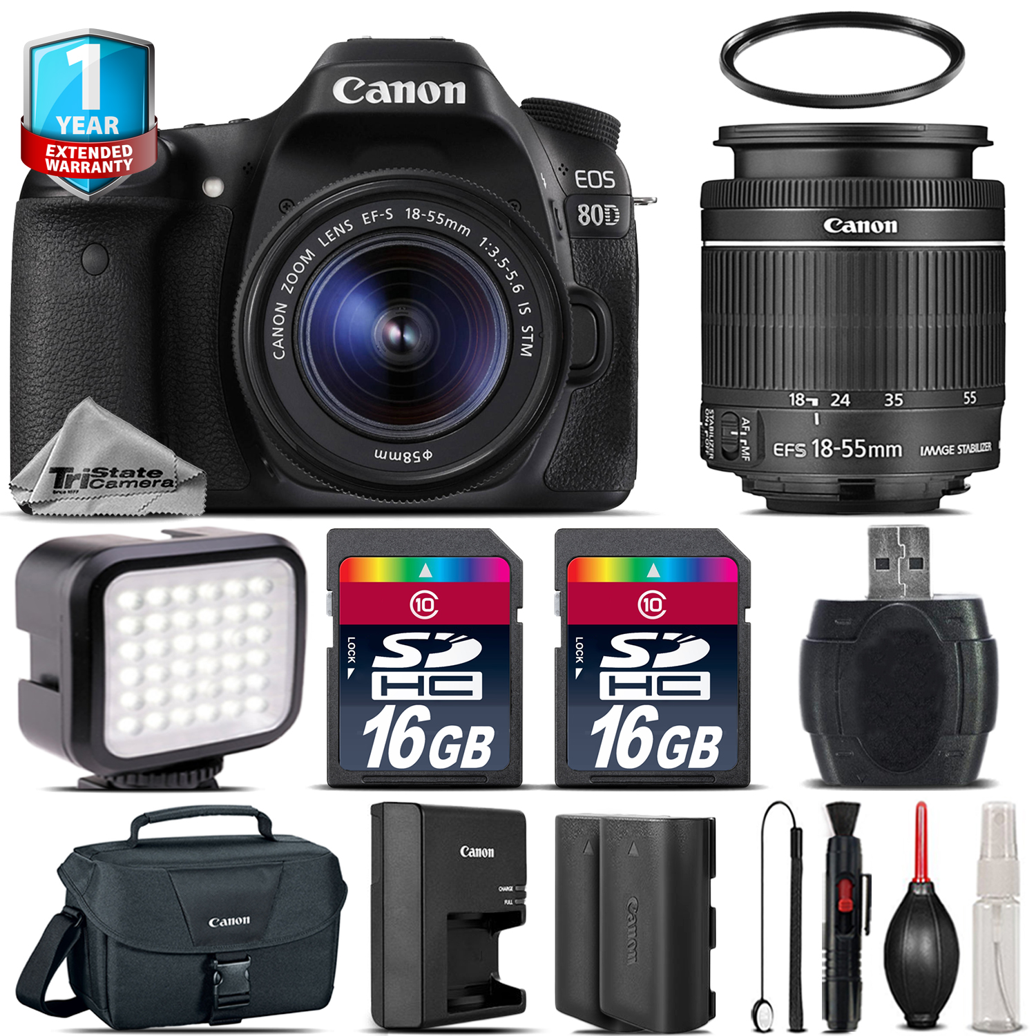 EOS 80D DSLR Camera + 18-55mm + LED + Extra Battery + 32GB + 1yr Warranty *FREE SHIPPING*
