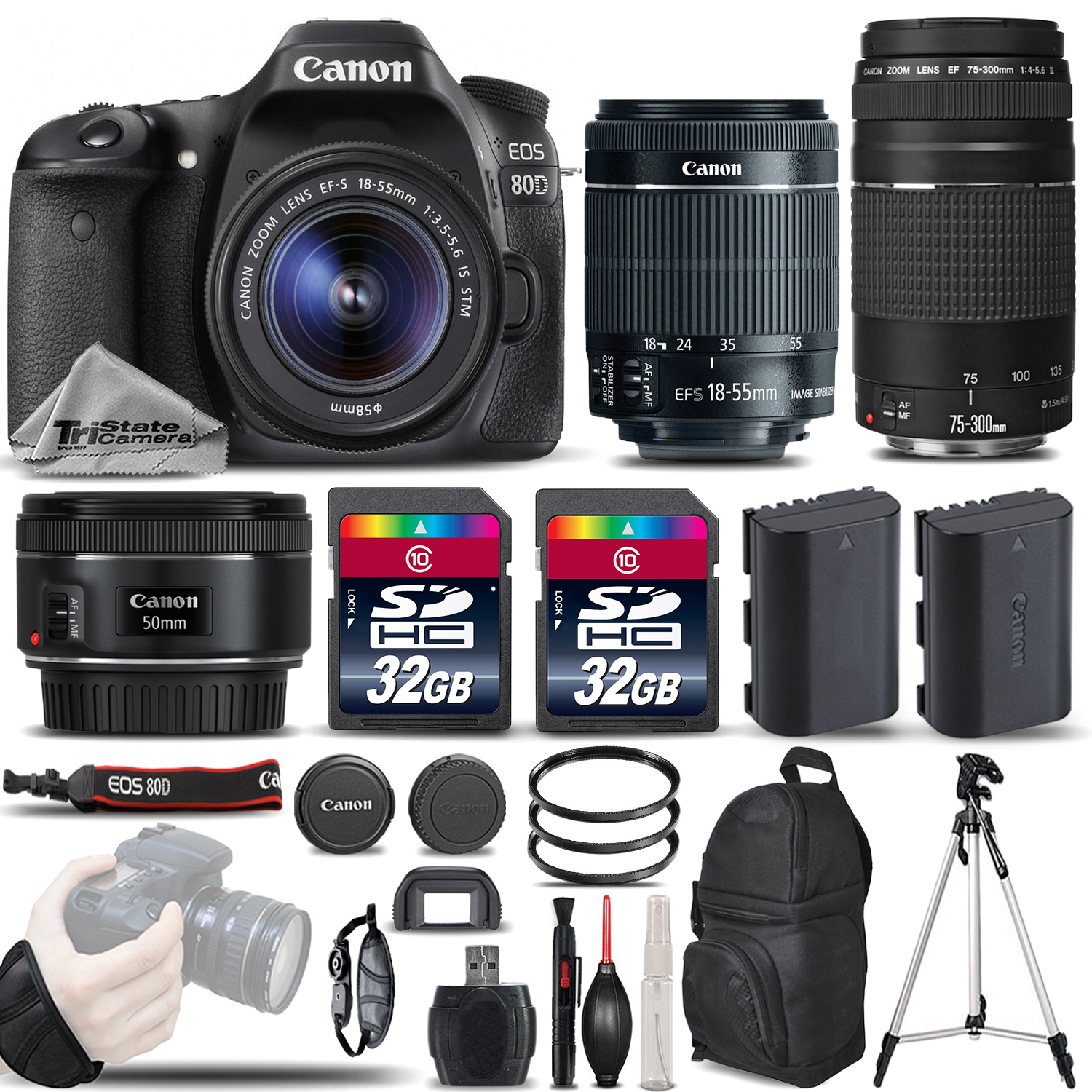 EOS 80D DSLR Camera with 18-55mm STM Lens + 75-300 III + 50mm 1.8 + 64GB *FREE SHIPPING*