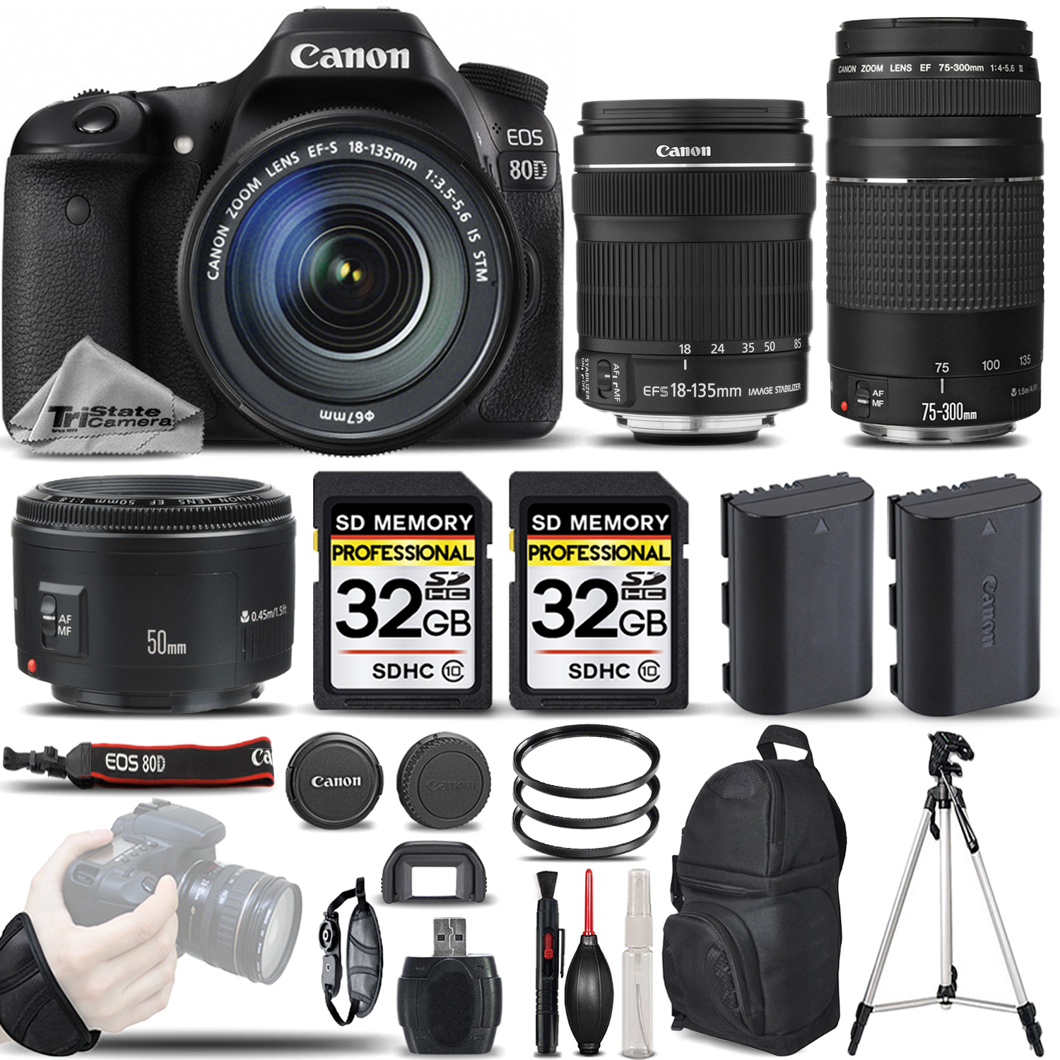 EOS 80D DSLR Camera + Canon 18-135mm IS STM Lens +Canon 75-300 III + 64GB *FREE SHIPPING*