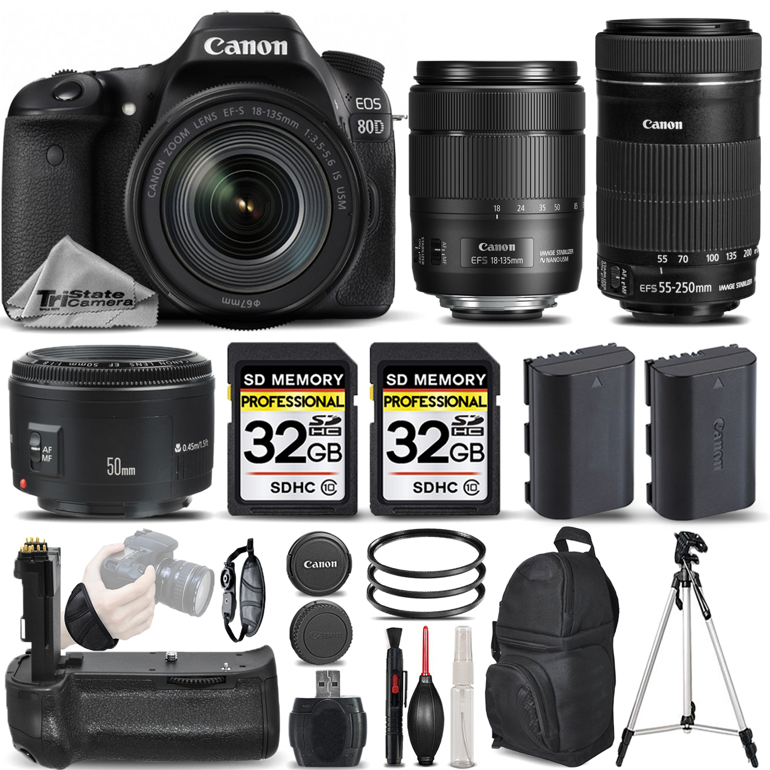 EOS 80D DSLR Camera with 18-135mm USM Lens + 55-250 IS STM + 50mm 1.8 II *FREE SHIPPING*