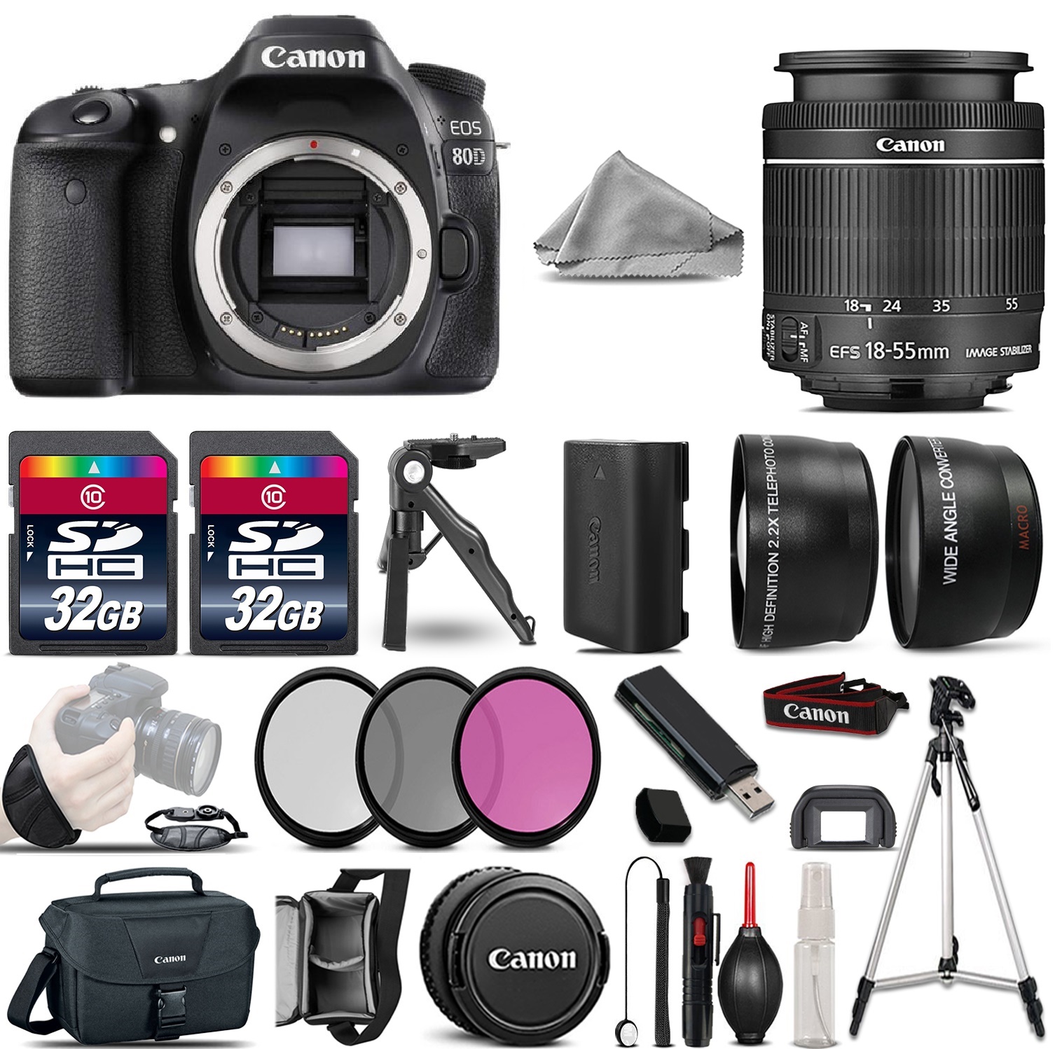 EOS 80D DSLR Camera + 18-55mm IS - 3 Lens Kit + 1yr Warranty - 64GB Bundle *FREE SHIPPING*
