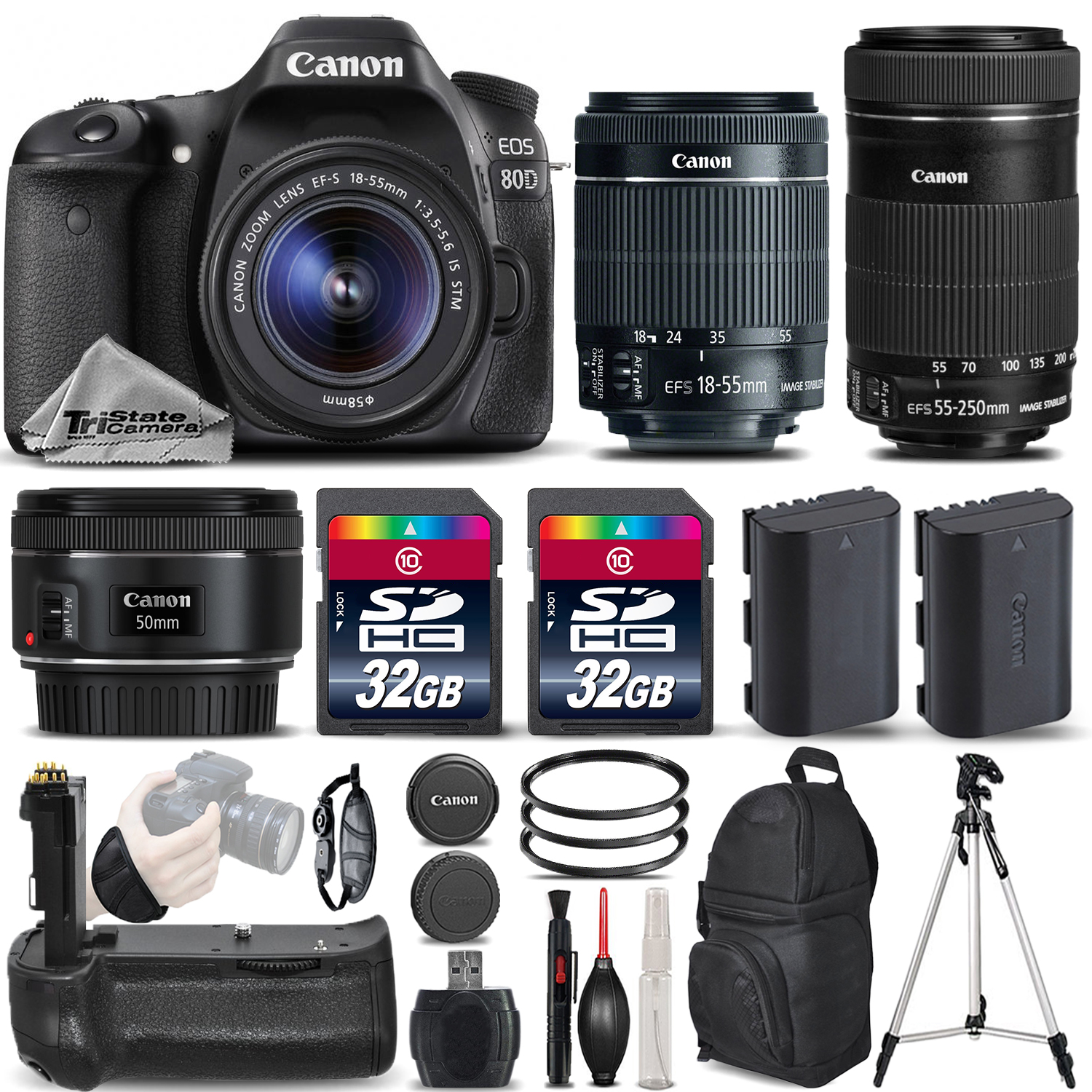 EOS 80D DSLR Camera with 18-55mm STM Lens + 55-250 IS STM + 50mm 1.8 II *FREE SHIPPING*