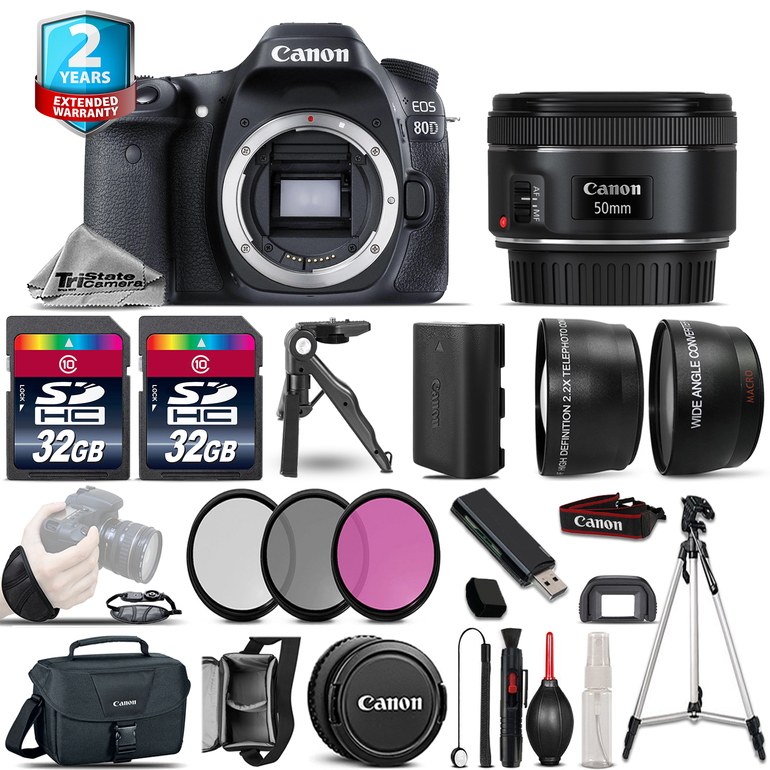 EOS 80D DSLR Camera + 50mm 1.8 STM - 3 Lens Kit + 2yr Warranty - 64GB Kit *FREE SHIPPING*