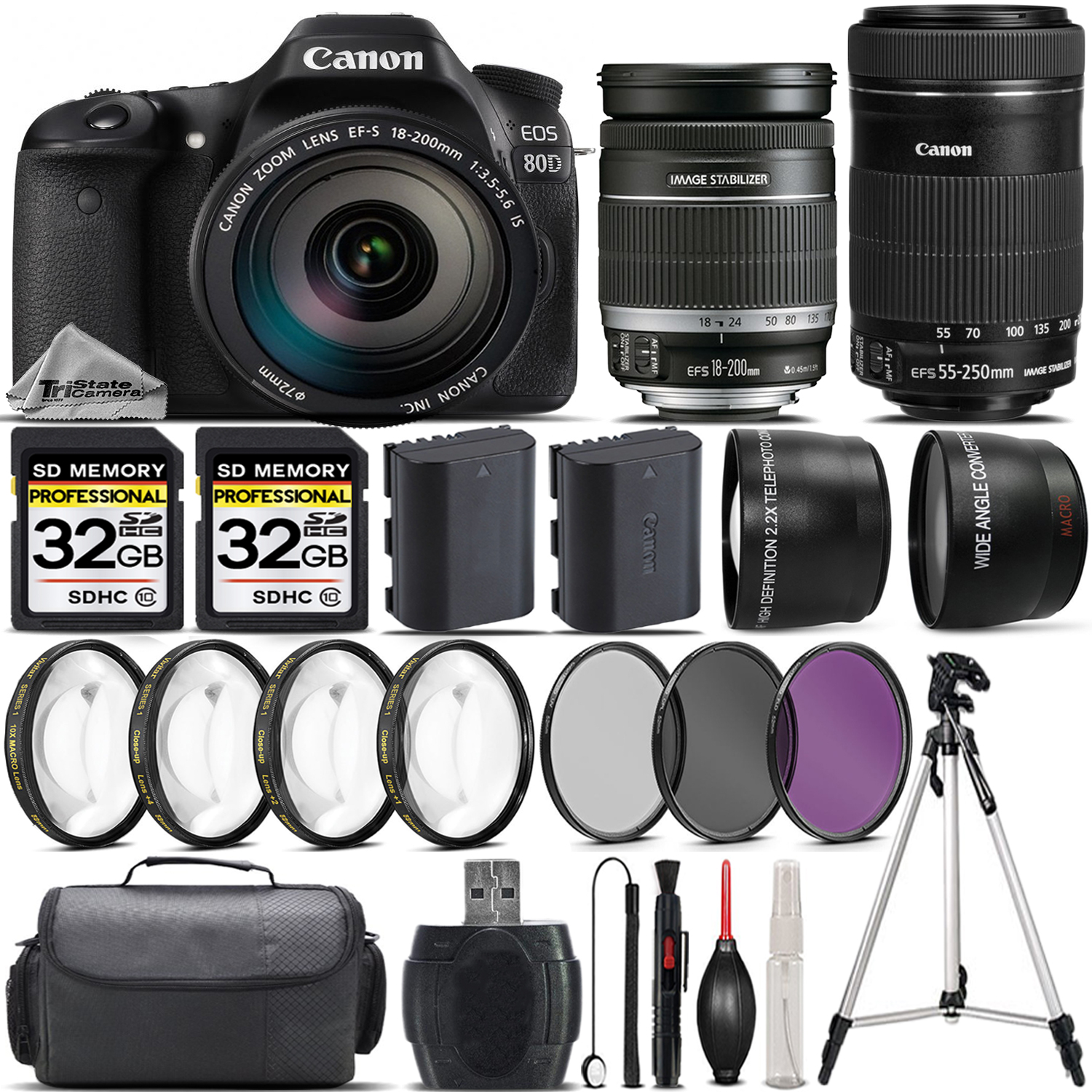 EOS 80D DSLR Camera + Canon 18-200mm Lens + 55-250mm STM + 4PC Macro Kit *FREE SHIPPING*