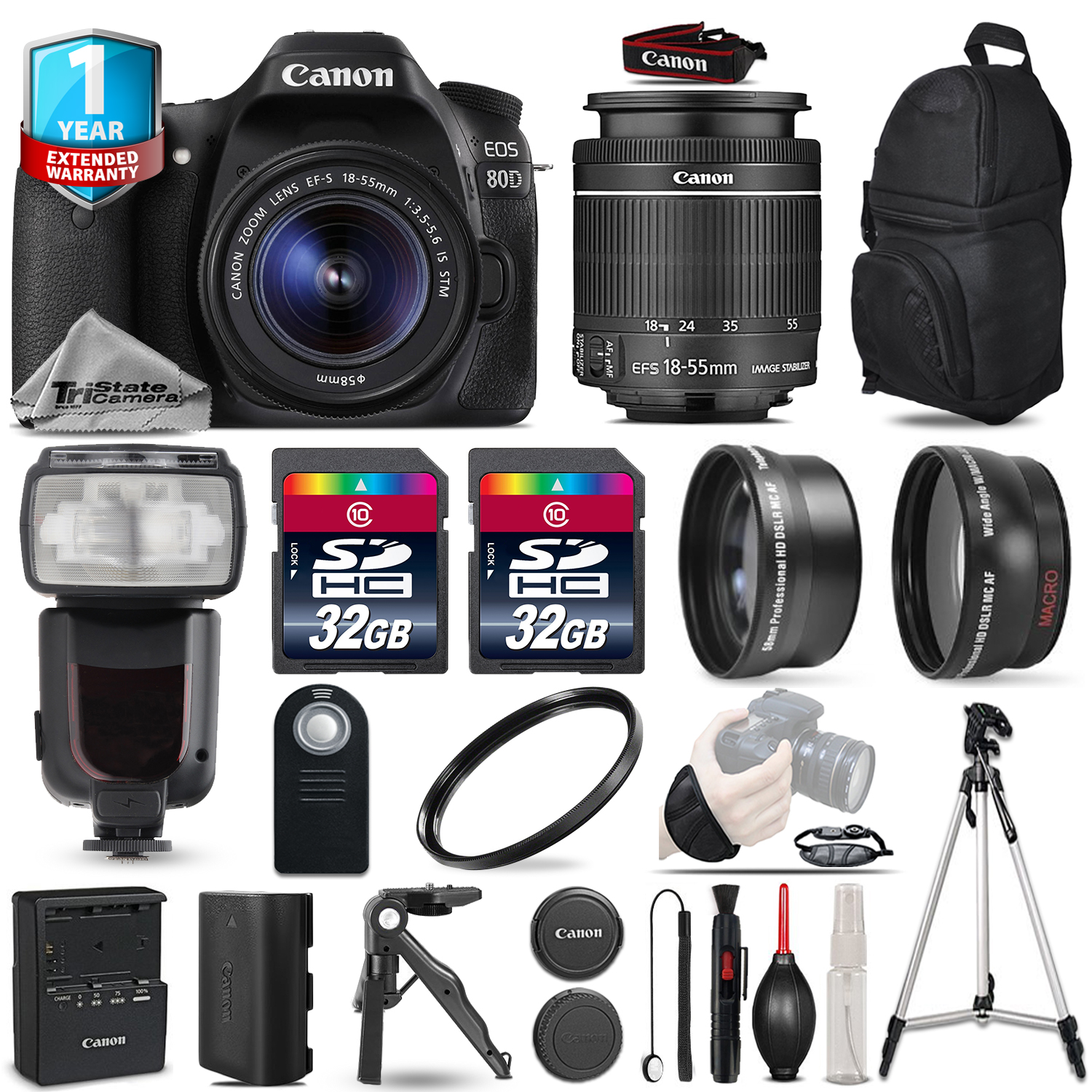EOS 80D DSLR Camera + 18-55mm IS - 3 Lens Kit + Flash + 64GB +1yr Warranty *FREE SHIPPING*