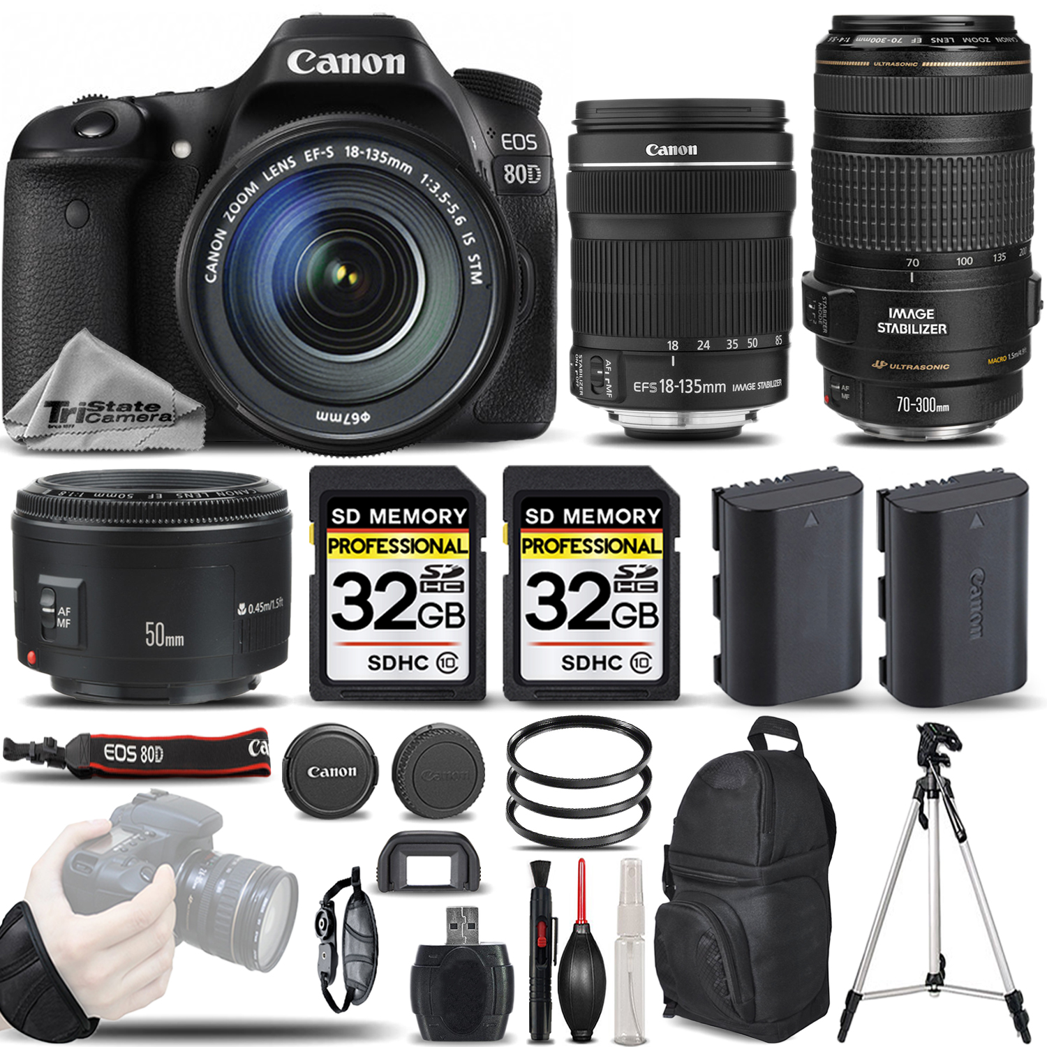 EOS 80D DSLR Camera + 18-135mm STM + Canon 70-300 USM + Canon 50mm 1.8 II *FREE SHIPPING*