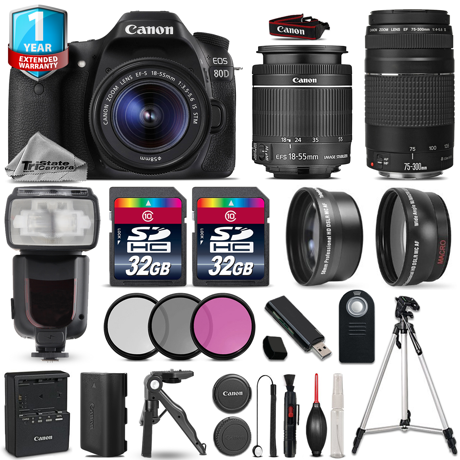 EOS 80D DSLR Camera + 18-55mm IS + 75-300mm + 64GB + Flash + 1yr Warranty *FREE SHIPPING*