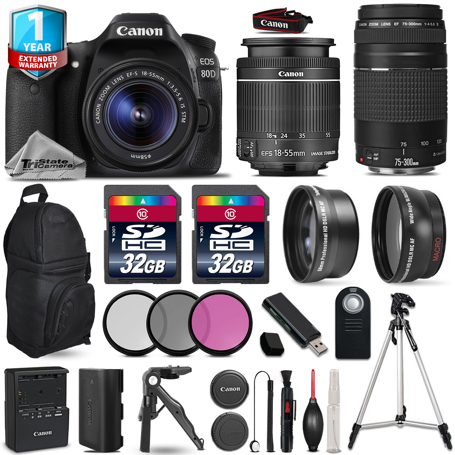 EOS 80D DSLR Camera + 18-55mm IS + 75-300mm III + 3PC Filter +1yr Warranty *FREE SHIPPING*