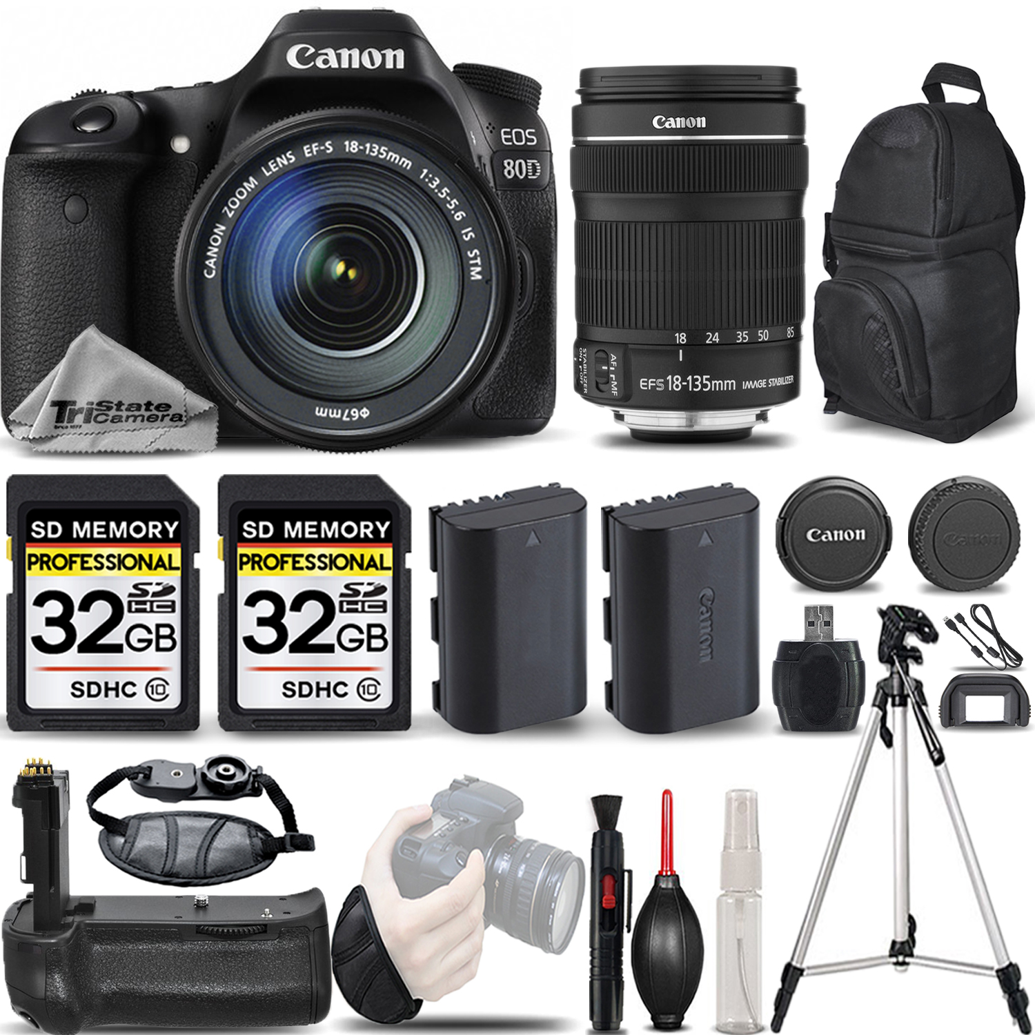 EOS 80D DSLR Camera with 18-135mm IS STM Lens +BATT GRIP +EXT BATT +64GB *FREE SHIPPING*
