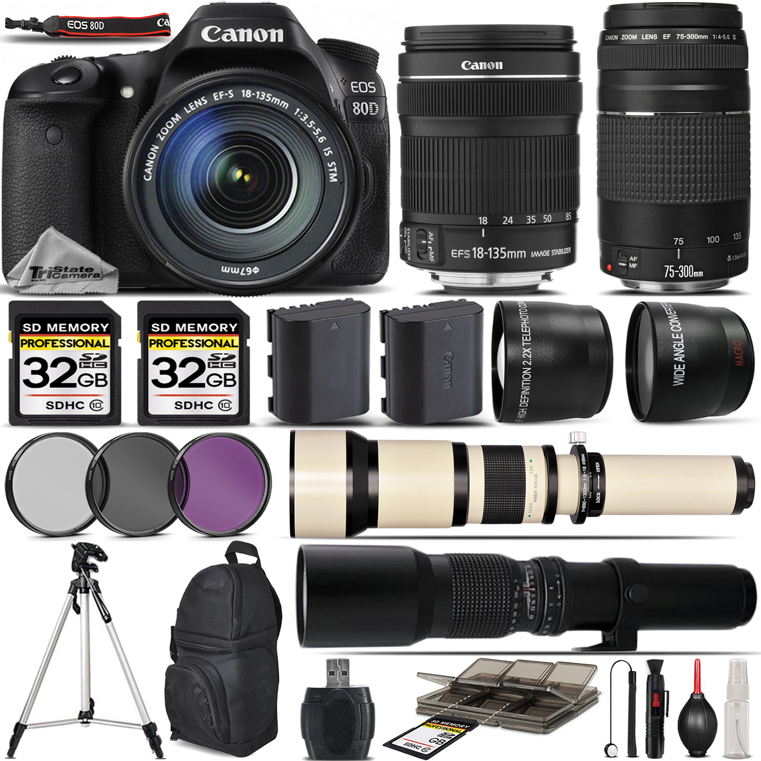 EOS 80D Digital SLR Camera + 18-135mm IS + 75-300mm III Lens - 64GB Kit *FREE SHIPPING*