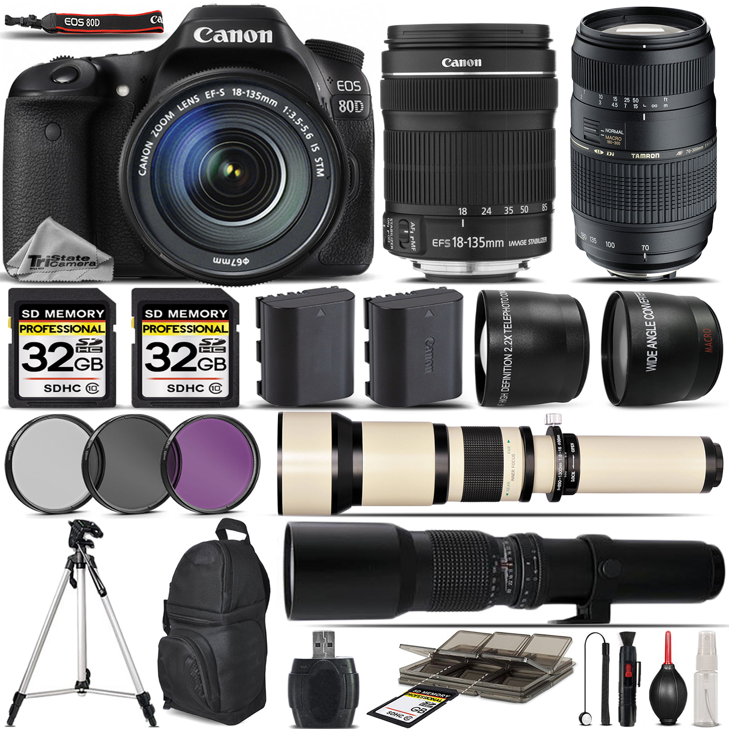 EOS 80D Digital SLR Camera + 18-135mm + 70-300mm Lens - 64GB Kit Bundle *FREE SHIPPING*