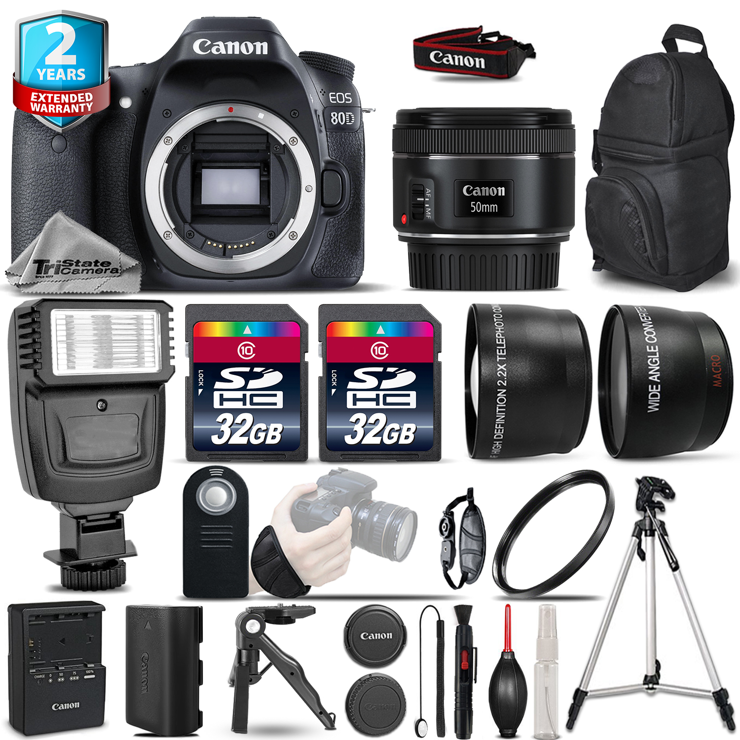 EOS  80D DSLR Camera + 50mm 1.8 - 3 Lens Kit + Flash + 64GB + 2yr Warranty *FREE SHIPPING*