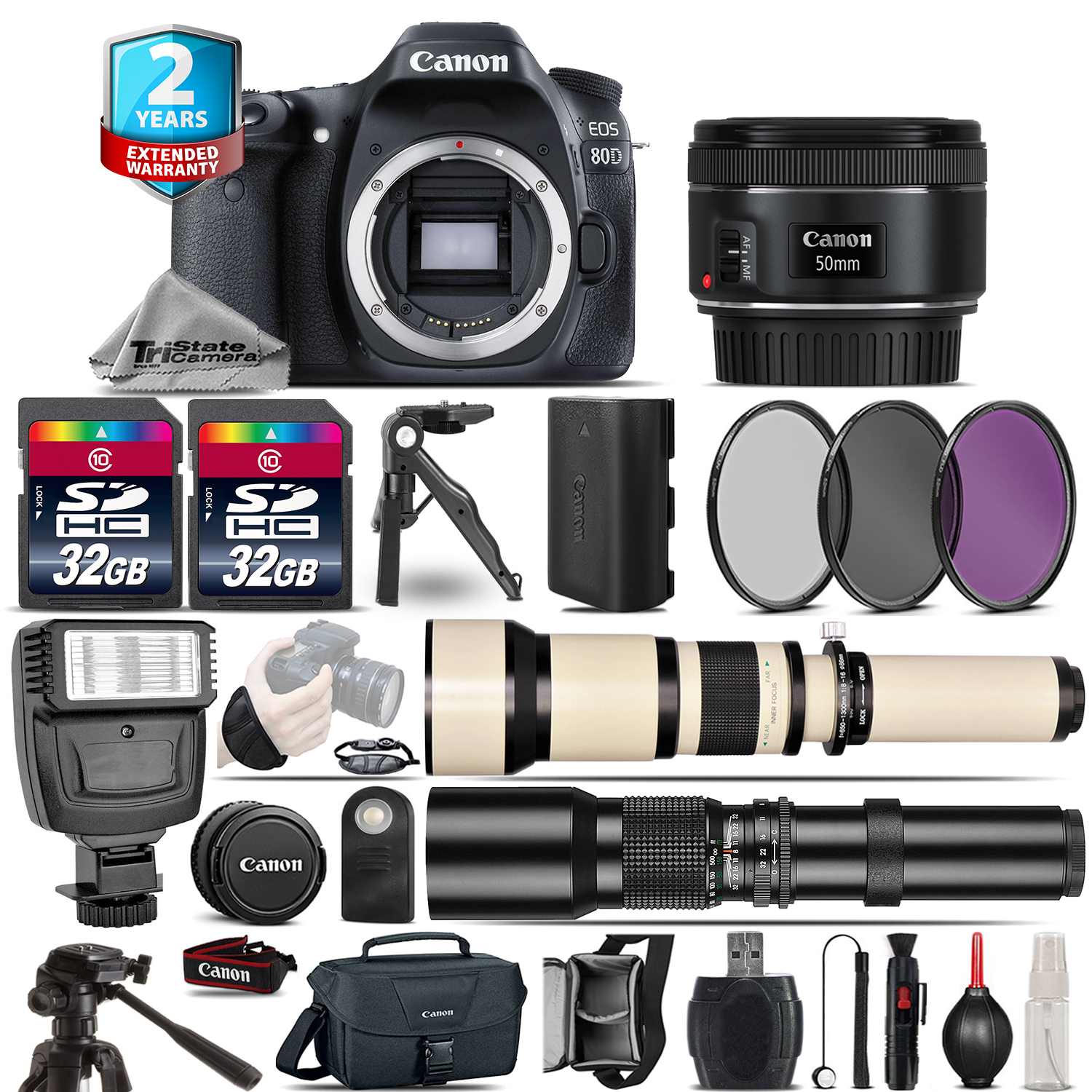 EOS 80D DSLR Camera + 50mm + 650-1300mm + 500mm + 2yr Warranty -64GB Kit *FREE SHIPPING*