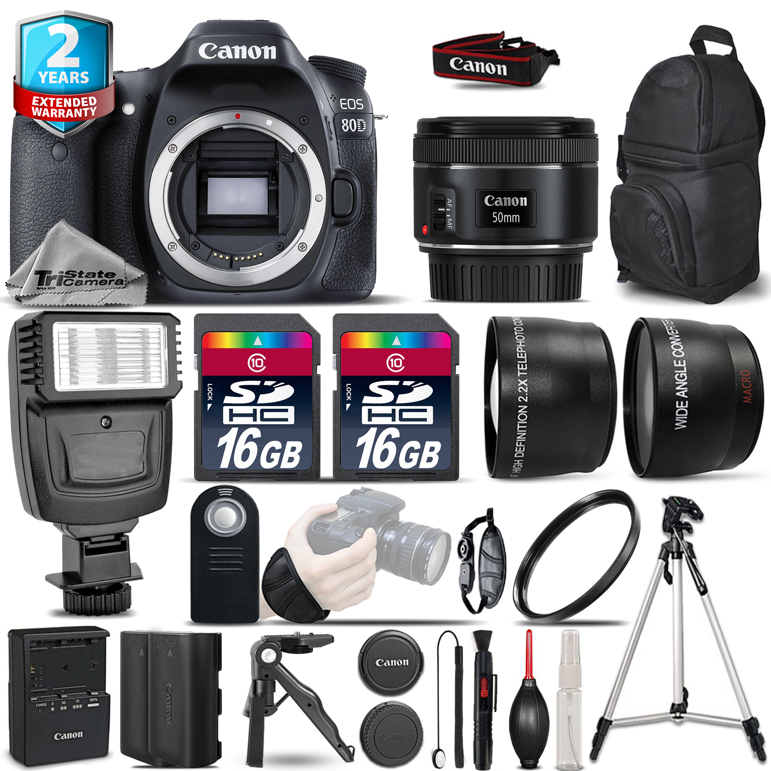EOS 80D DSLR Camera + 50mm - 3 Lens Kit + Flash + EXT BAT + 2yr Warranty *FREE SHIPPING*