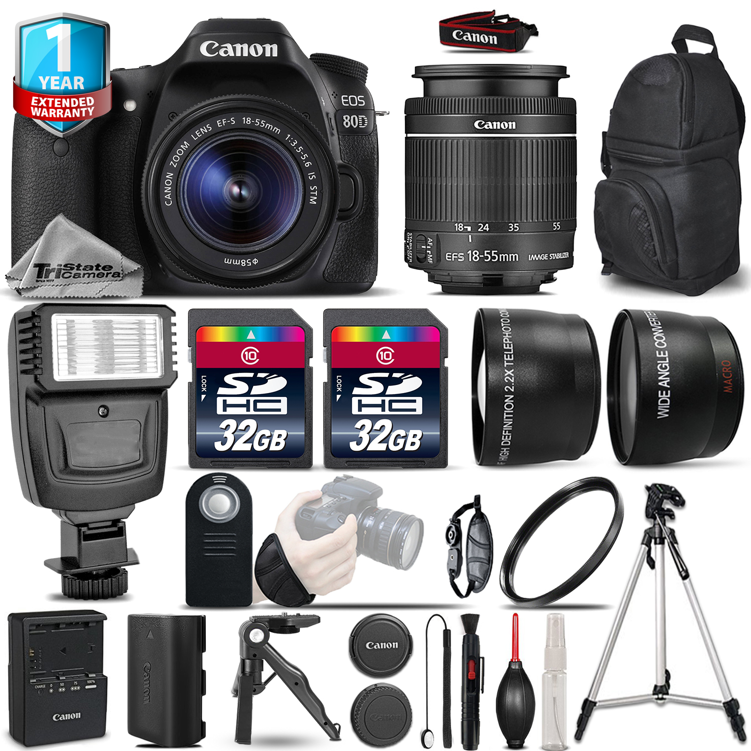 EOS 80D DSLR Camera + 18-55mm IS - 3 Lens Kit + Flash + 64GB +1yr Warranty *FREE SHIPPING*