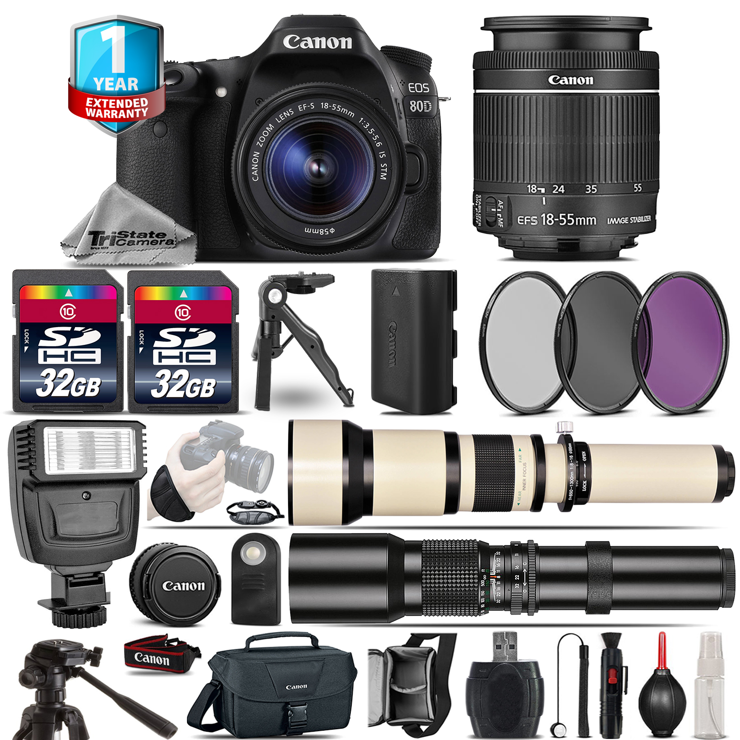 EOS 80D DSLR Camera + 18-55mm IS + 650-1300mm + 500mm +1yr Warranty + 64GB *FREE SHIPPING*