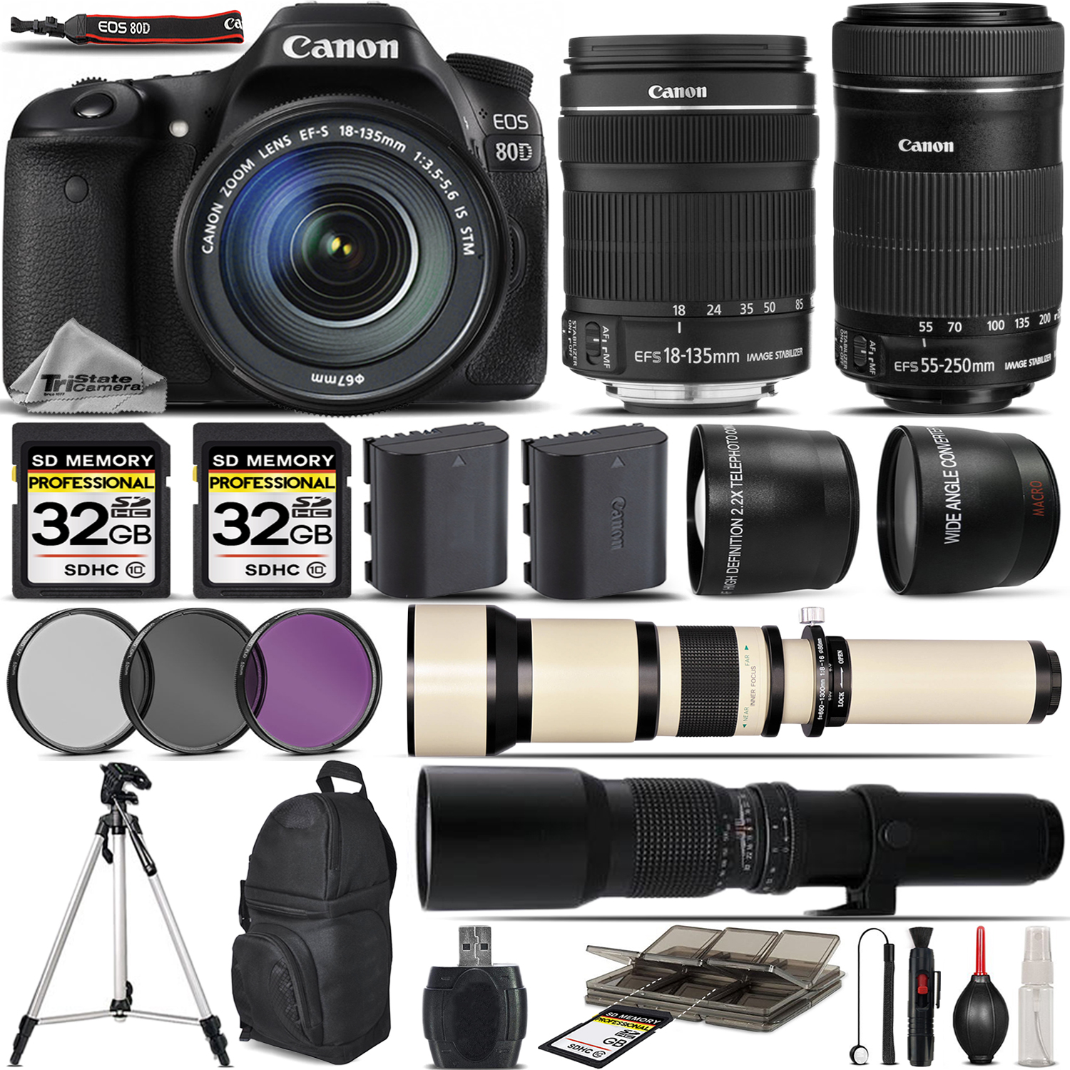 EOS 80D Digital SLR Camera + 18-135mm STM + 55-250mm STM Lens - 64GB Kit *FREE SHIPPING*