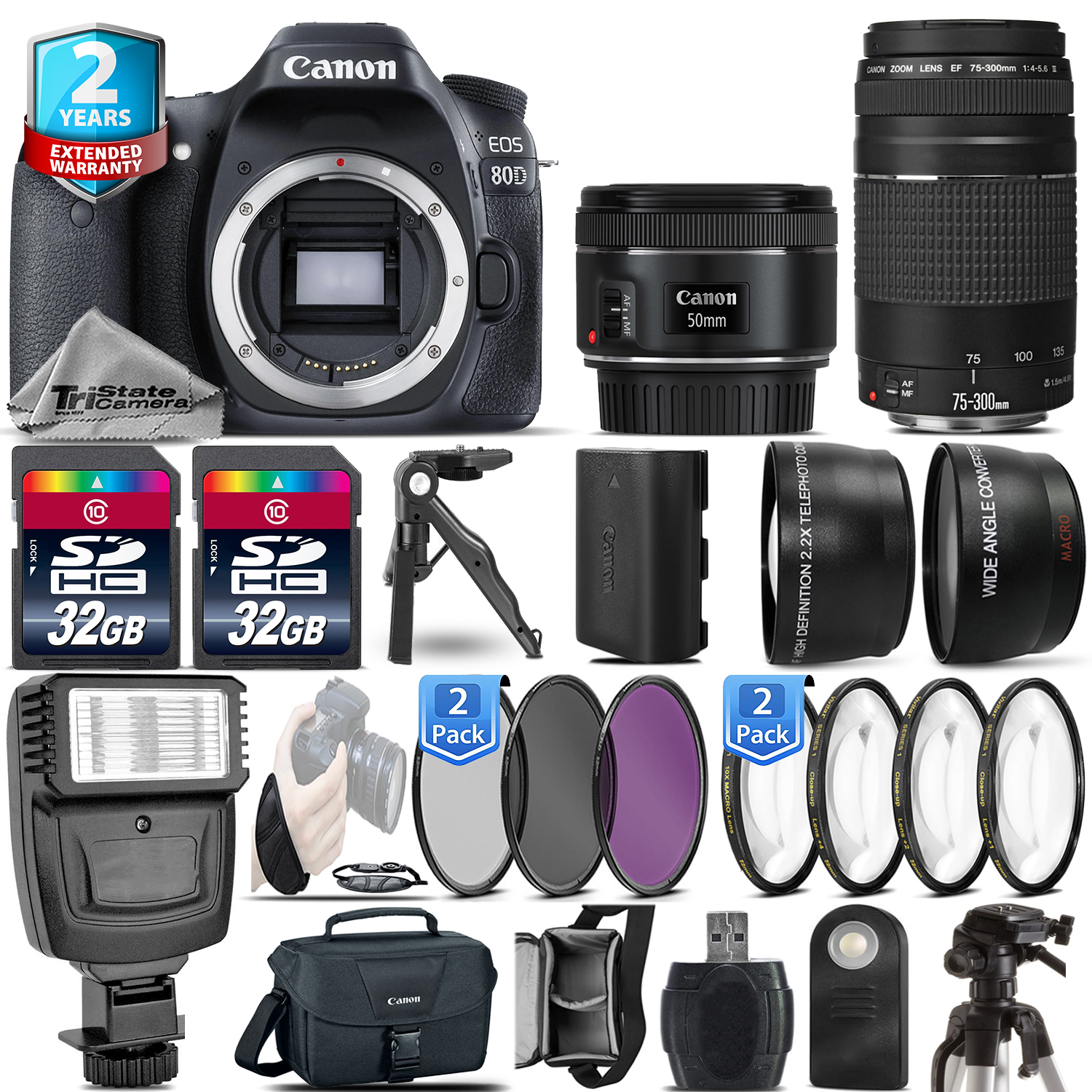 EOS 80D DSLR Camera + 50mm 1.8 STM + 75-300 III + 2yr Warranty - 64GB Kit *FREE SHIPPING*