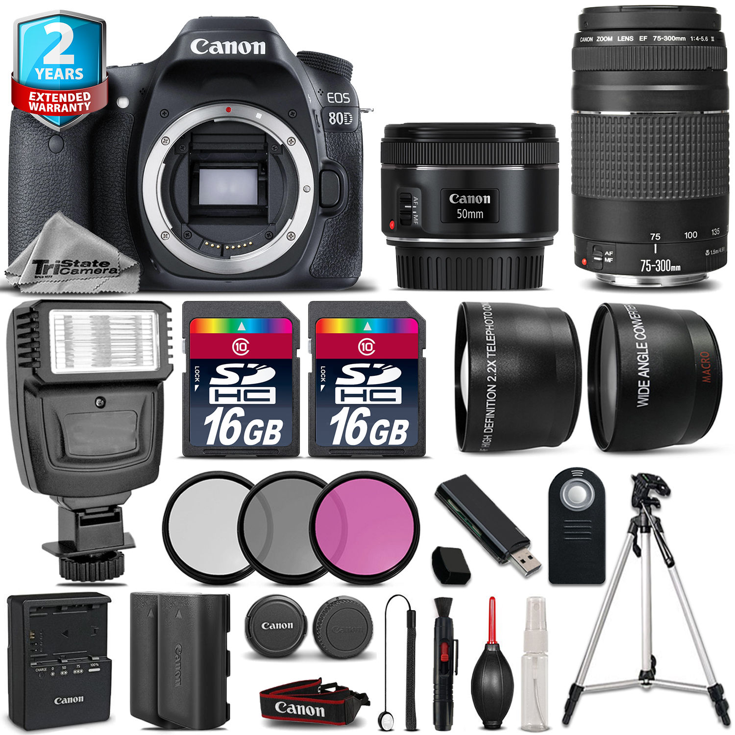 EOS  80D Camera + 50mm + 75-300mm + 32GB + Flash + EXT BAT + 2yr Warranty *FREE SHIPPING*