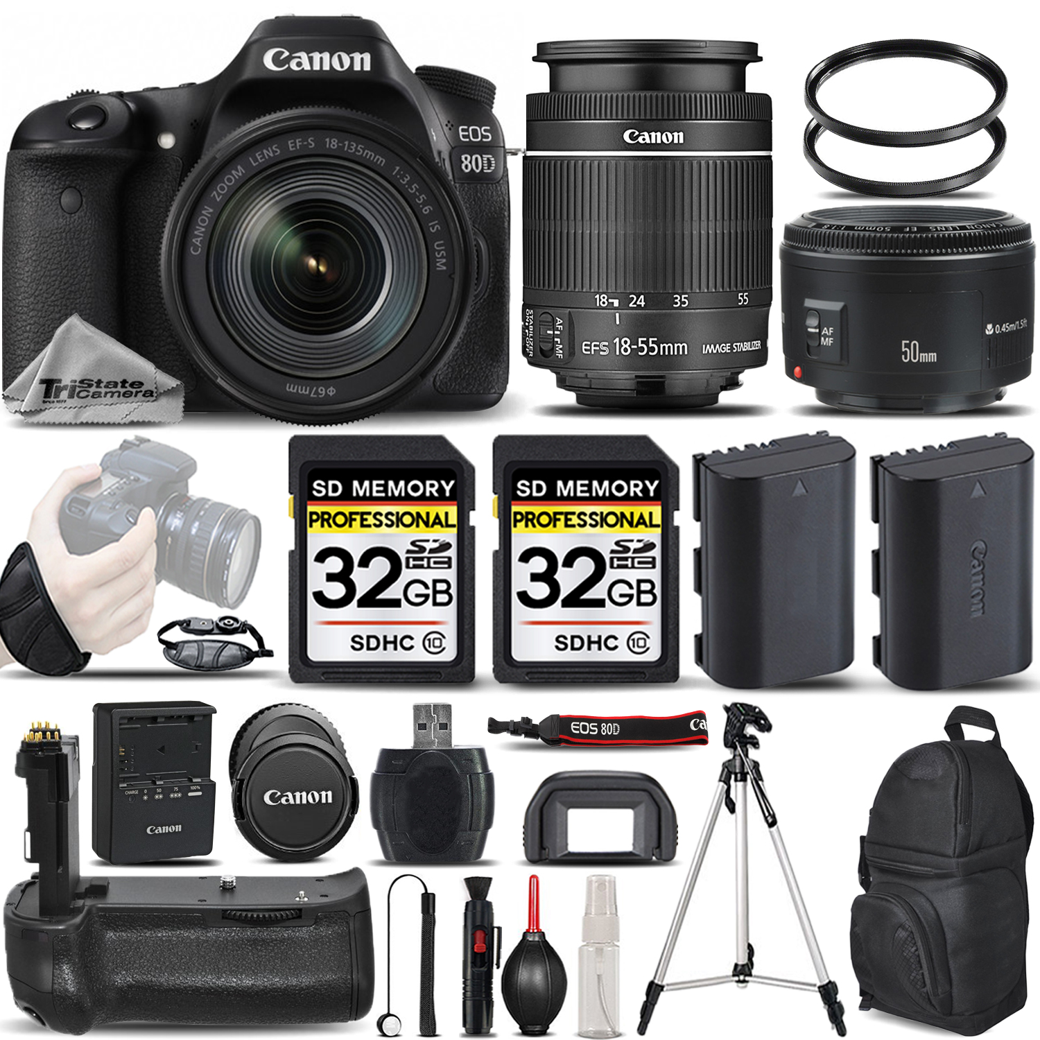 EOS 80D DSLR Camera with 18-55mm STM Lens + 50mm 1.8 +BATT GRIP + 64GB *FREE SHIPPING*