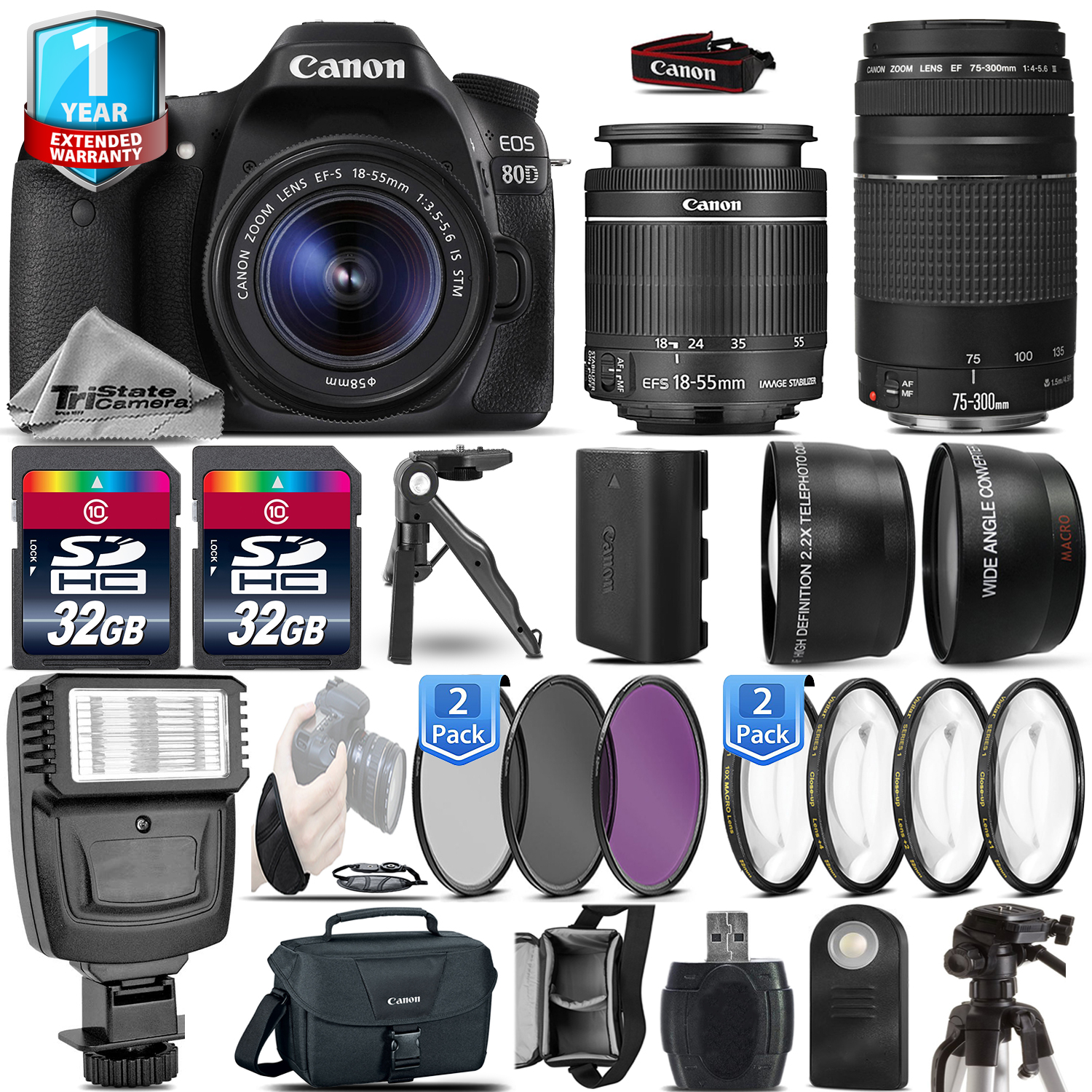 EOS 80D DSLR Camera + 18-55mm IS + 75-300mm III + 1yr Warranty - 64GB Kit *FREE SHIPPING*