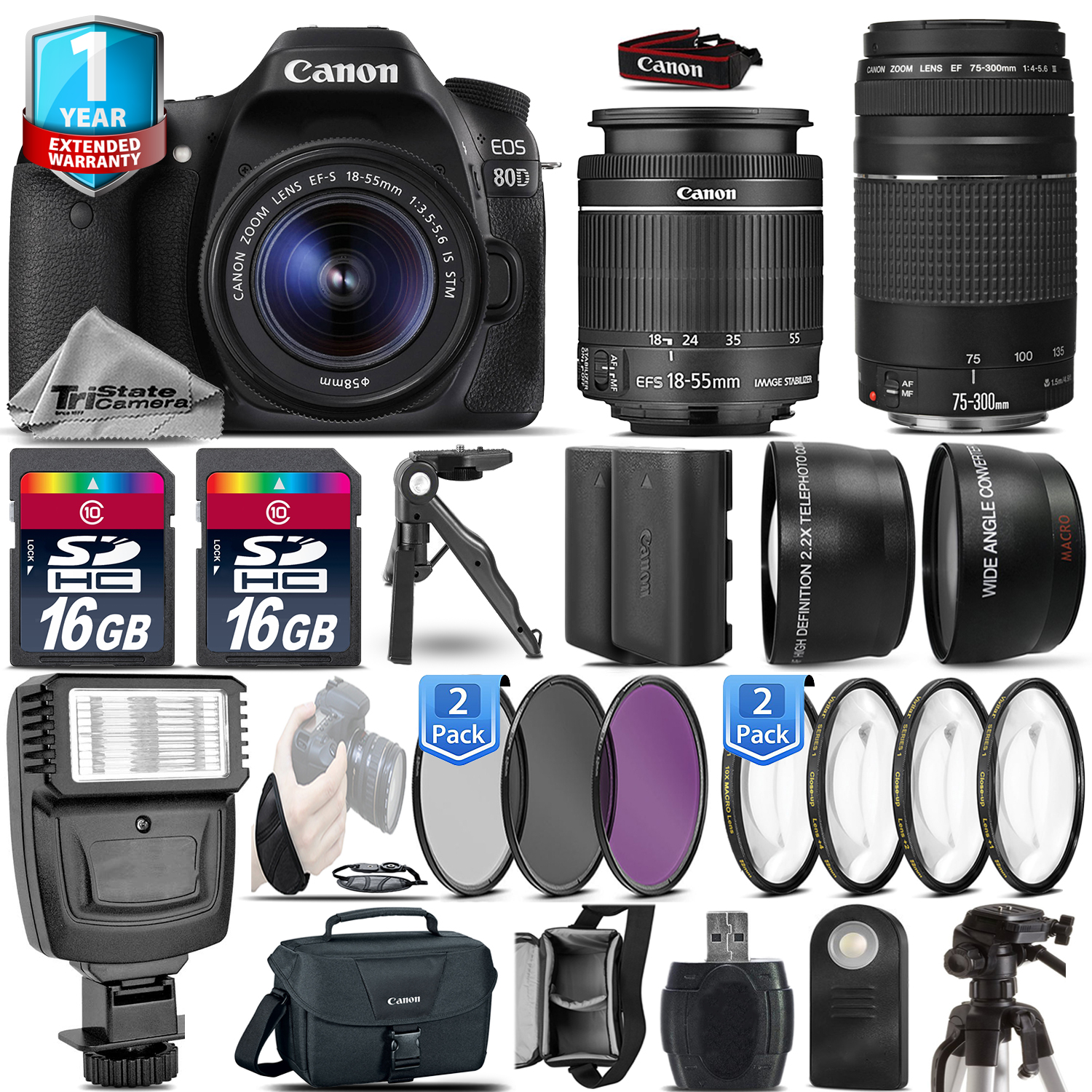 EOS 80D DSLR Camera + 18-55mm IS STM + 75-300 III + EXT BAT + 1yr Warranty *FREE SHIPPING*