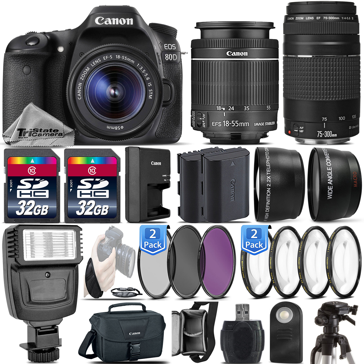 EOS Rebel 80D DSLR Camera + 18-55mm IS STM + 75-300 III - 64GB Kit Bundle *FREE SHIPPING*