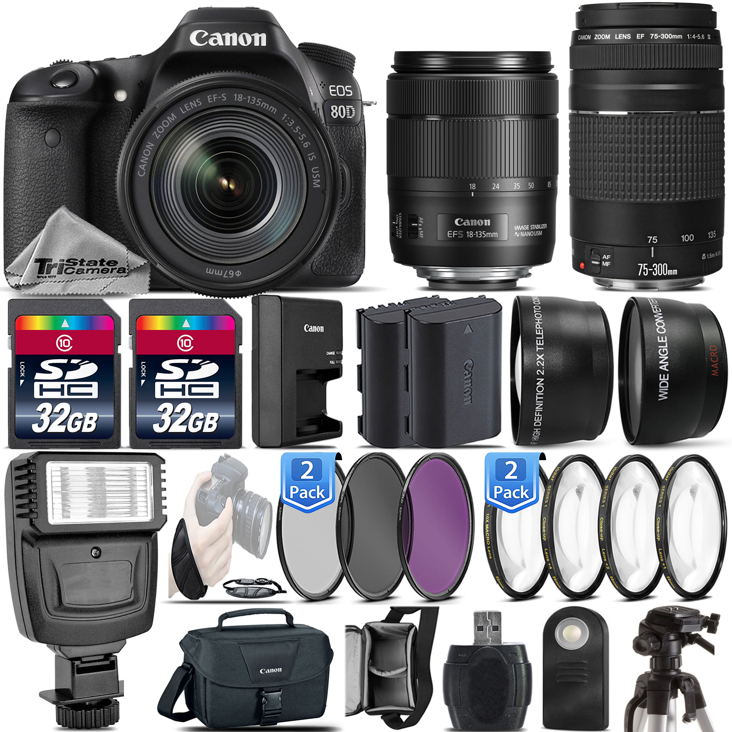 EOS 80D DSLR Camera + 18-135mm USM + 75-300 III + Flash - 64GB Kit Bundle *FREE SHIPPING*