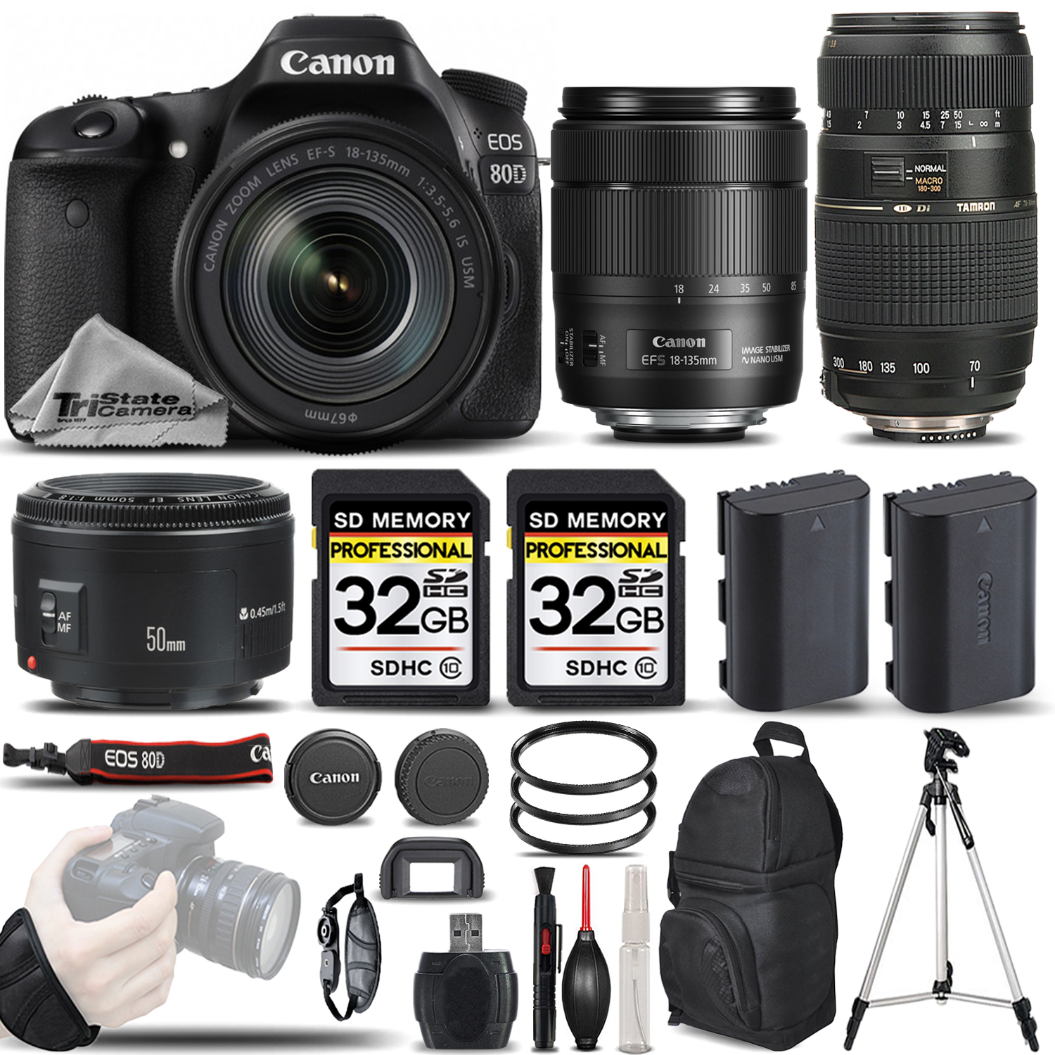 EOS 80D DSLR Camera with 18-135mm Lens +50mm 1.8 + 70-300mm - 64GB BUNDLE *FREE SHIPPING*