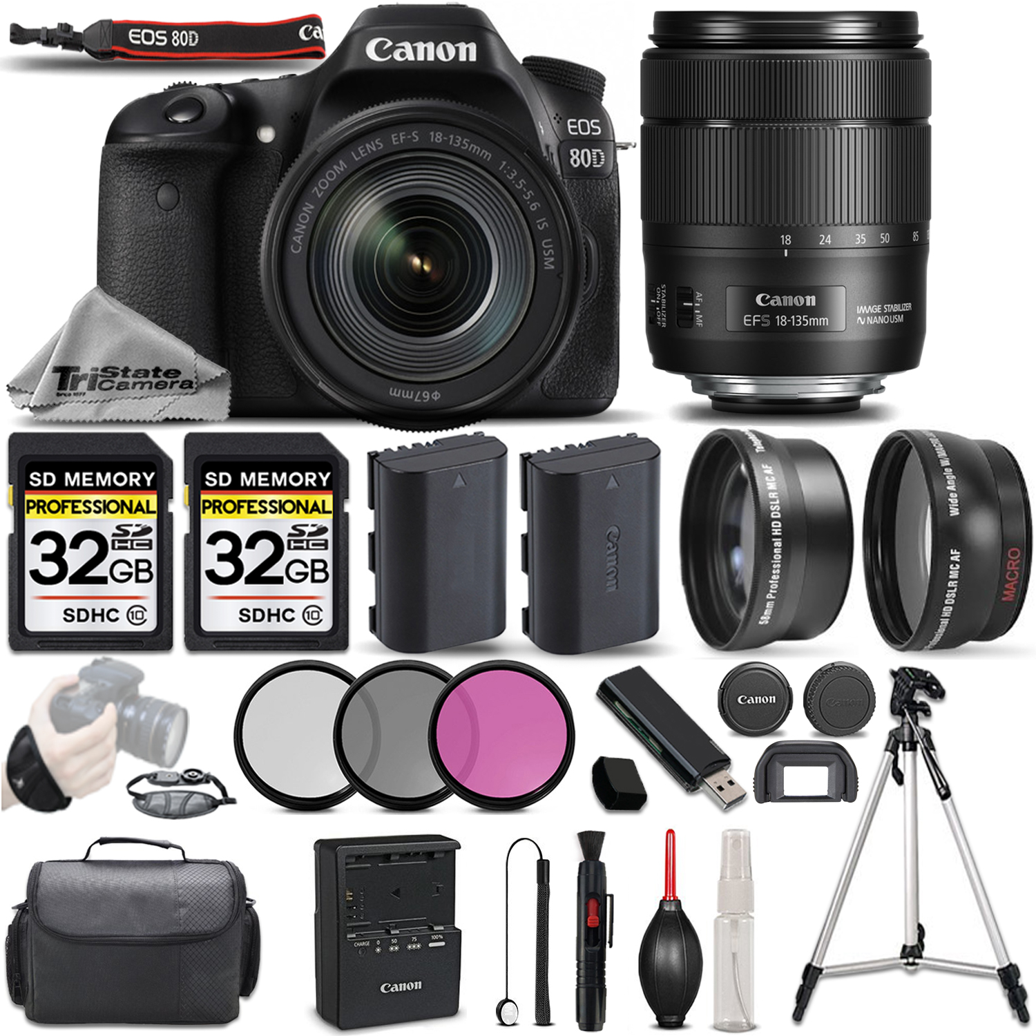 Canon 80D DSLR Camera With 18-135mm USM + UV, CPL, FLD FILTER + EXT BATT &MORE *FREE SHIPPING*