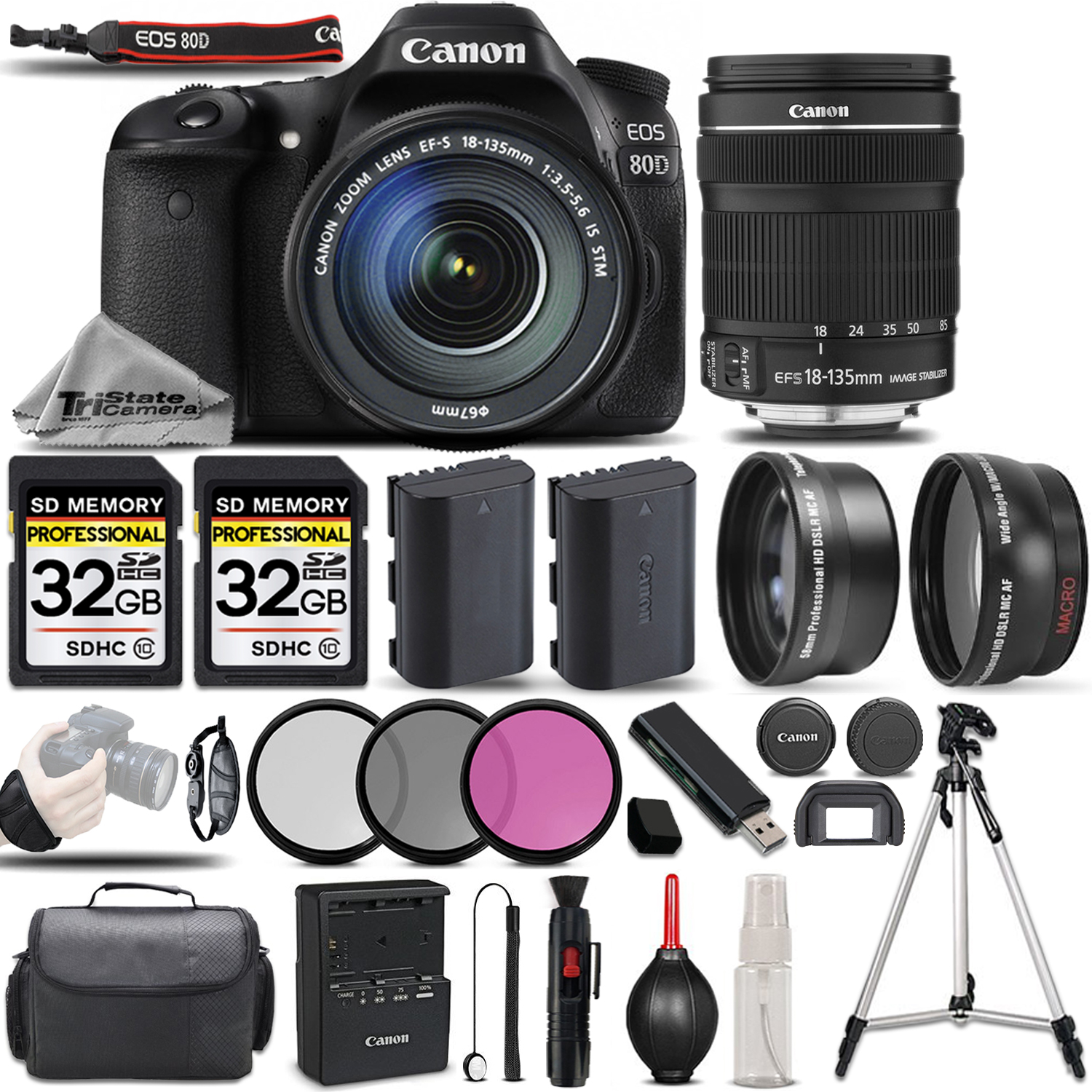Canon 80D DSLR Camera With 18-135mm STM + UV, CPL, FLD FILTER + EXT BATT &MORE *FREE SHIPPING*