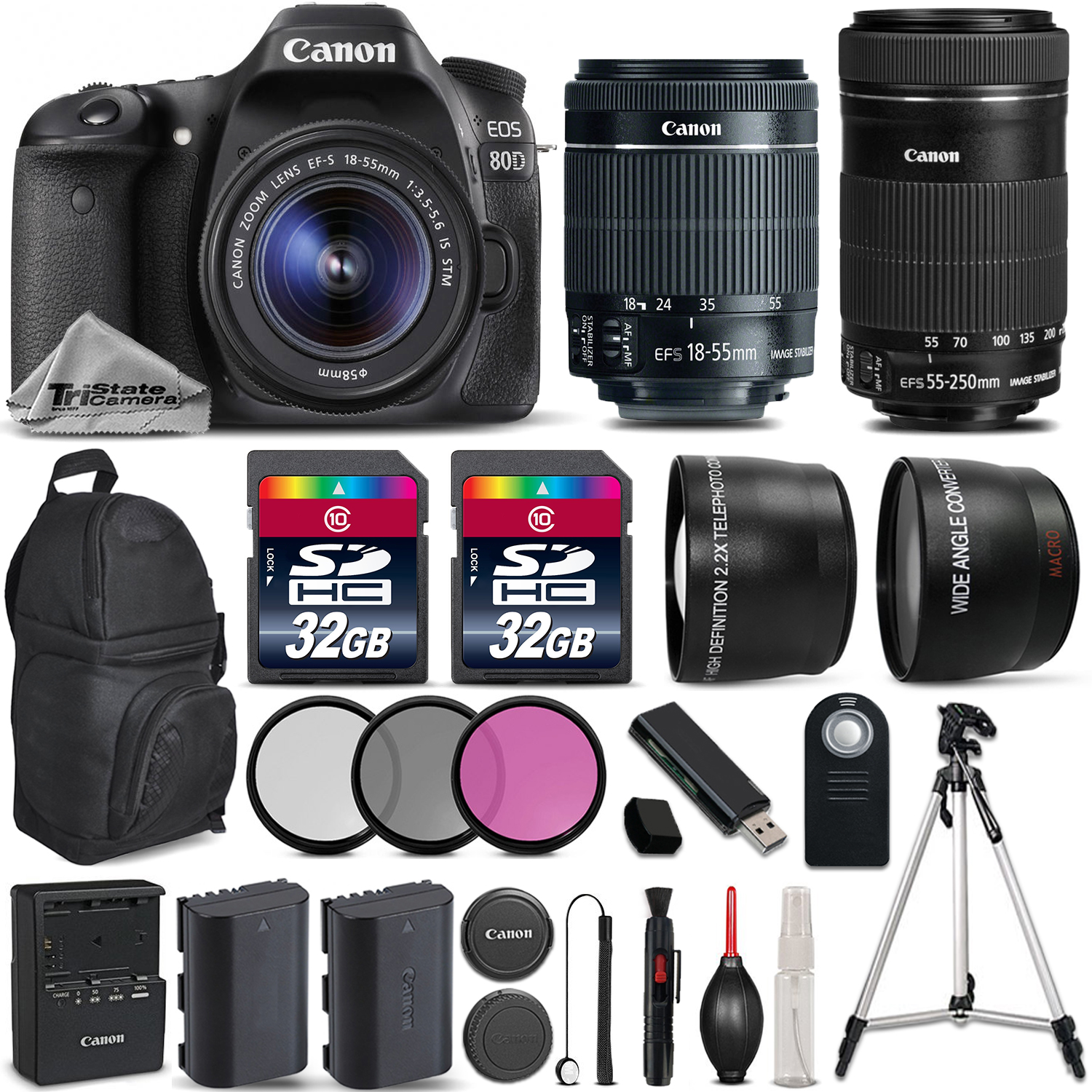 EOS 80D DSLR Camera + 18-55mm IS STM Lens + Canon 55-250 IS STM - PRO KIT *FREE SHIPPING*