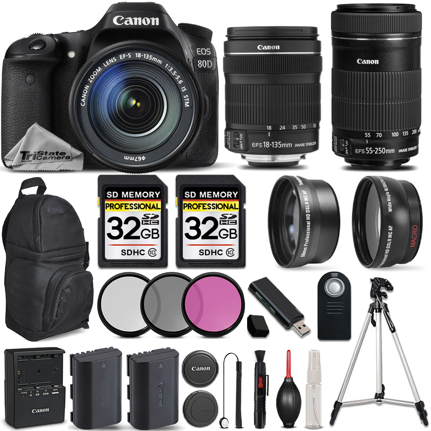 EOS 80D DSLR Camera + 18-135mm IS Lens + Canon 55-250 IS STM - PRO KIT *FREE SHIPPING*