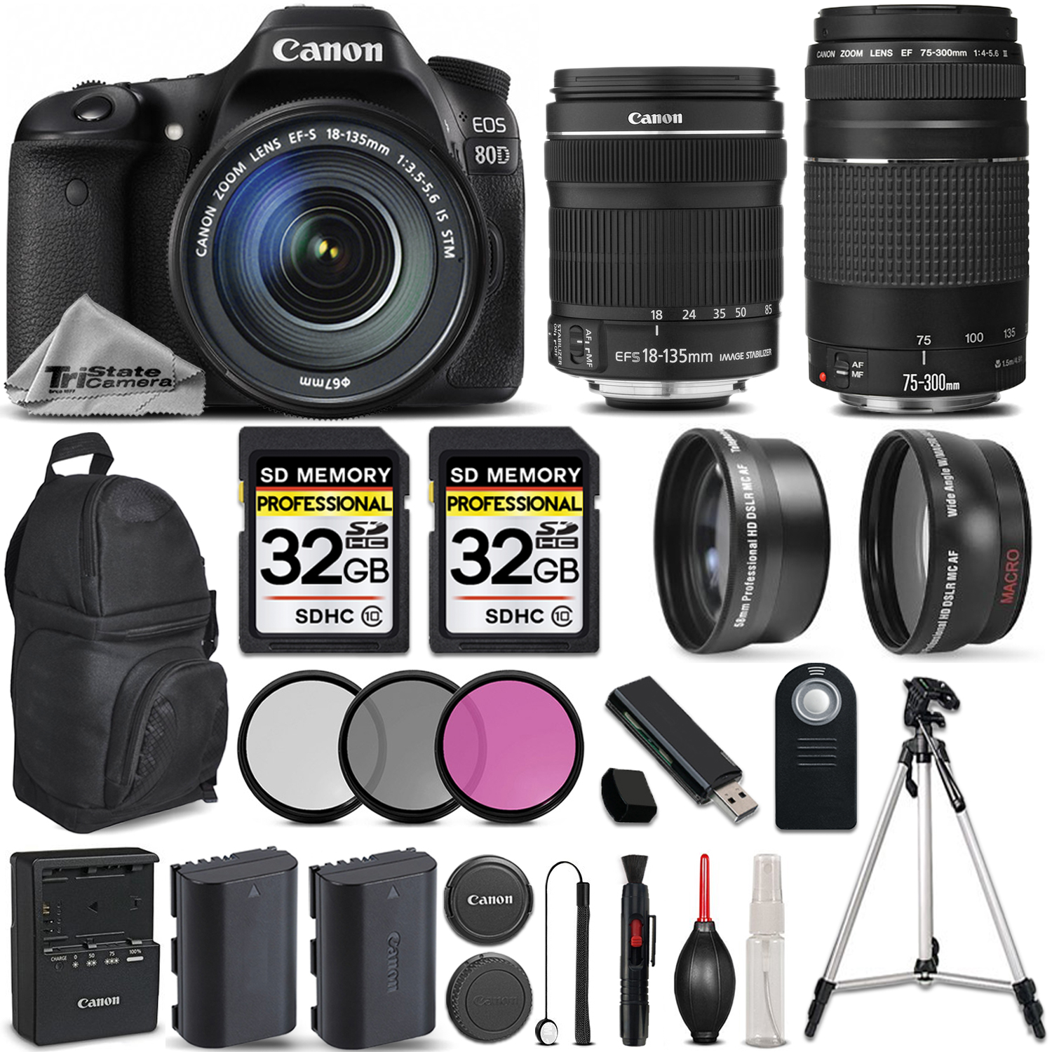 EOS 80D DSLR Camera with Canon 18-135mm IS STM Lens + Canon 75-300 III *FREE SHIPPING*