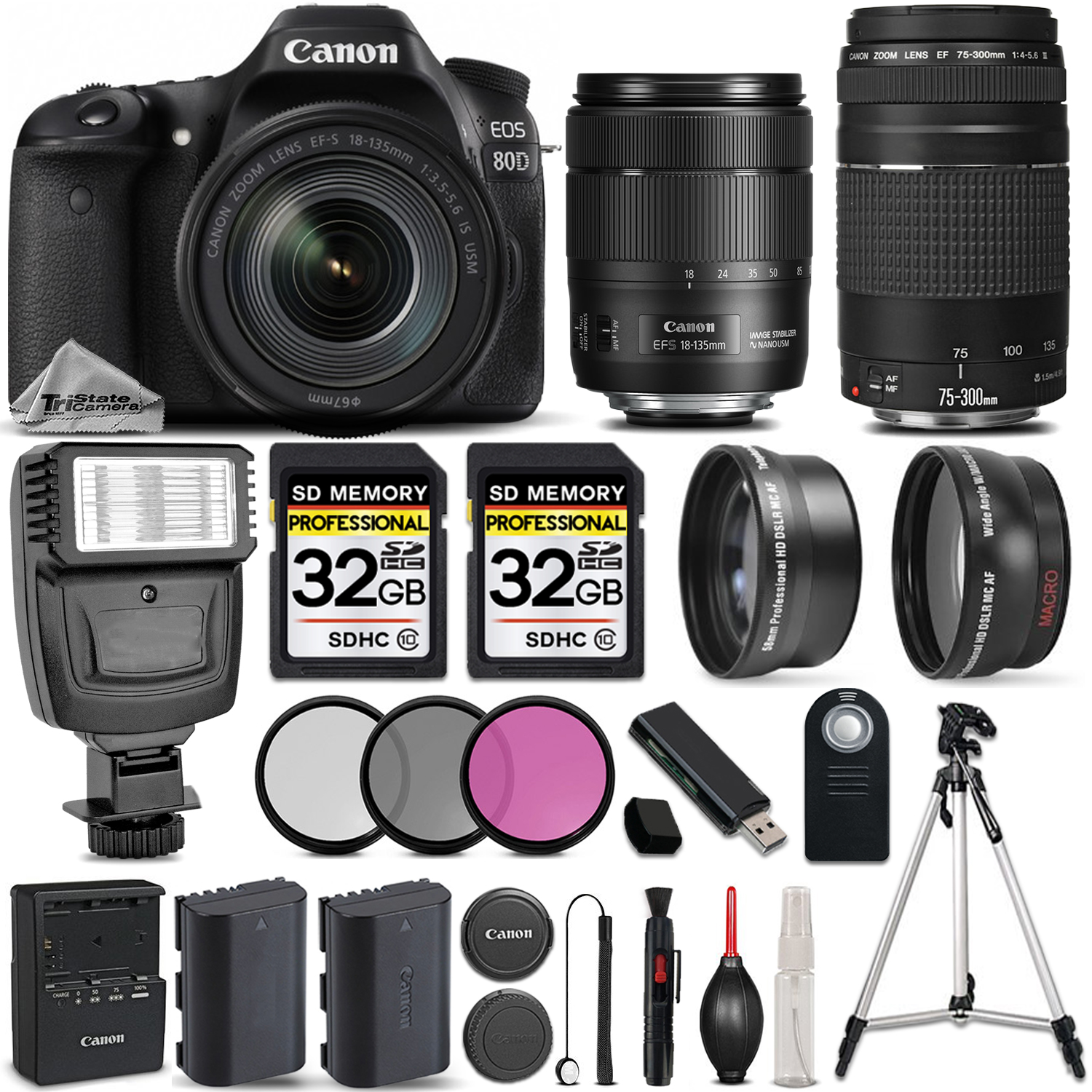 EOS 80D DSLR Camera with 18-135mm USM Lens + Canon 75-300 III - 64GB KIT *FREE SHIPPING*