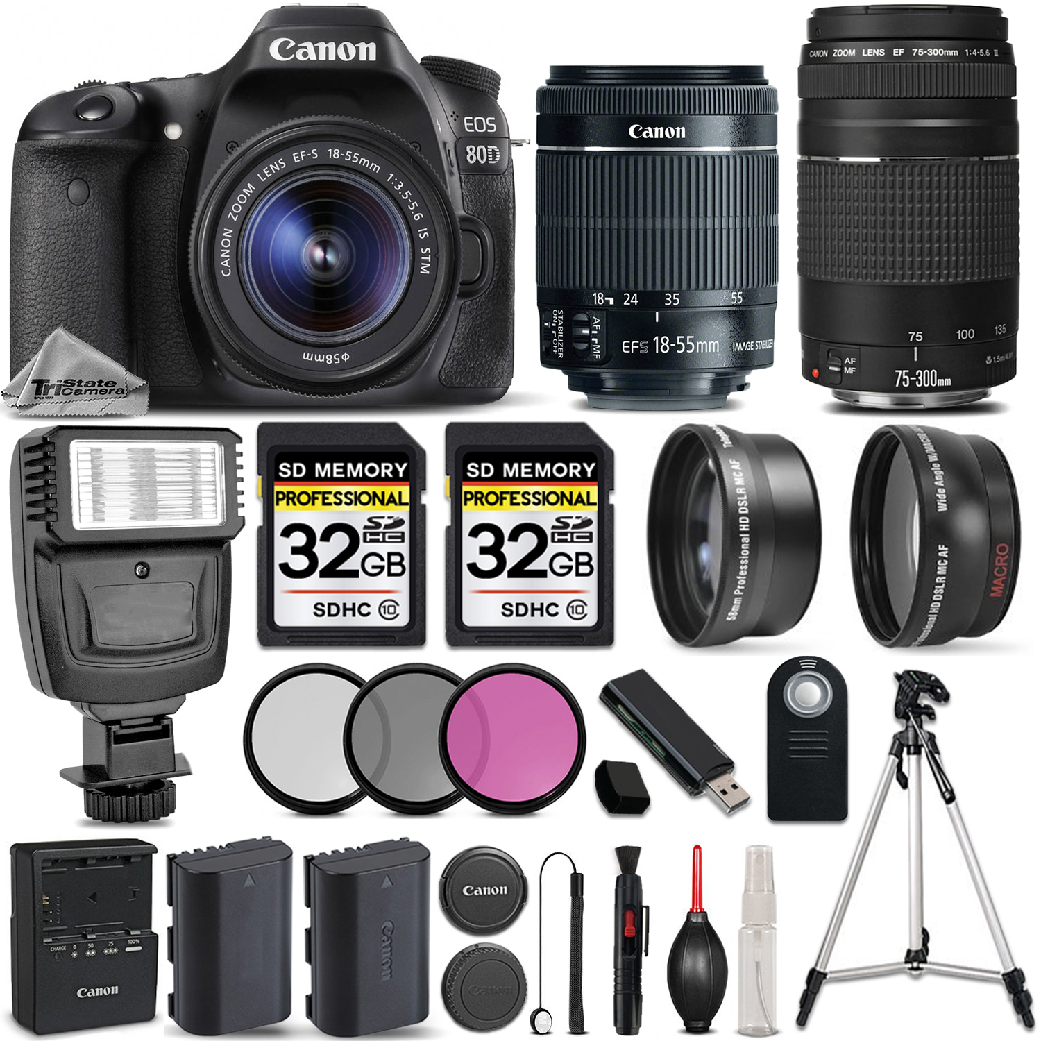 EOS 80D DSLR Camera with 18-55mm STM Lens + Canon 75-300 III - 64GB KIT *FREE SHIPPING*