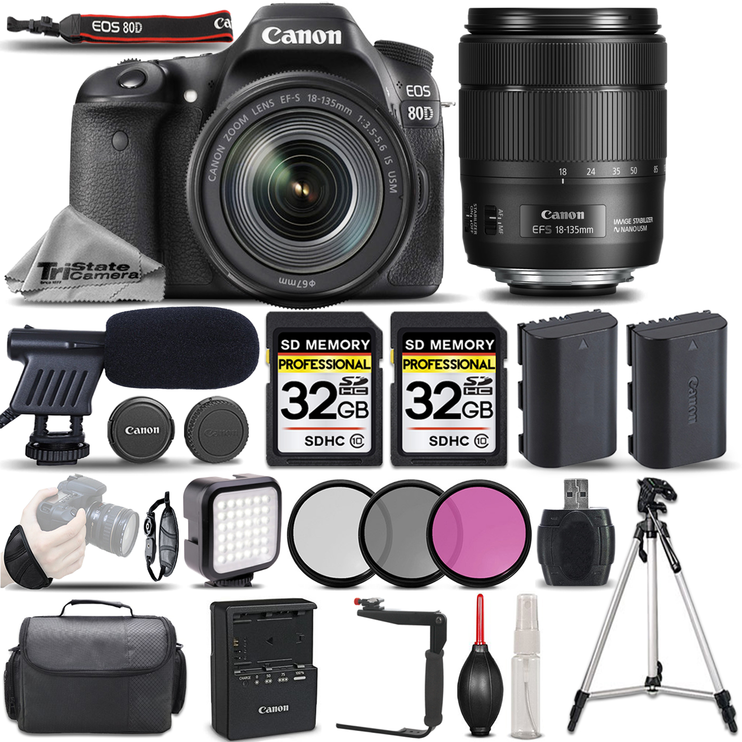 EOS 80D DSLR Camera + 18-135mm USM Lens +MIC +LED KIT +EXT BATT -64GB KIT *FREE SHIPPING*