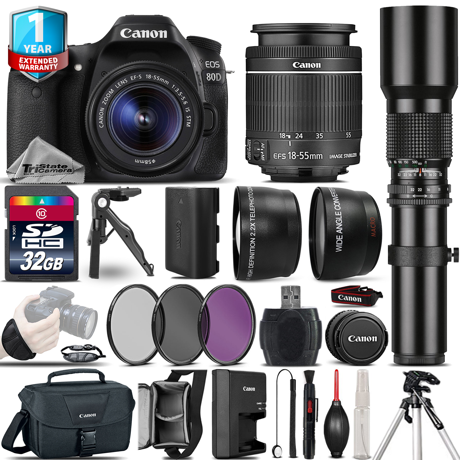 EOS 80D DSLR Camera + 18-55mm IS + 500mm -4 Lens Kit - 32GB + 1yr Warranty *FREE SHIPPING*