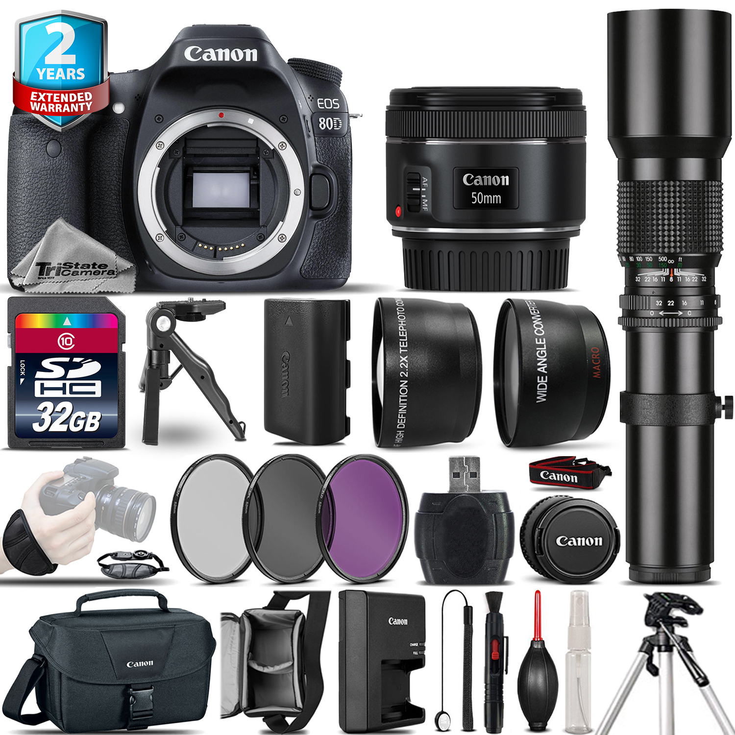 EOS 80D DSLR Camera + 50mm + 500mm 4 Lens Kit - 32GB Kit  + 2yr Warranty *FREE SHIPPING*